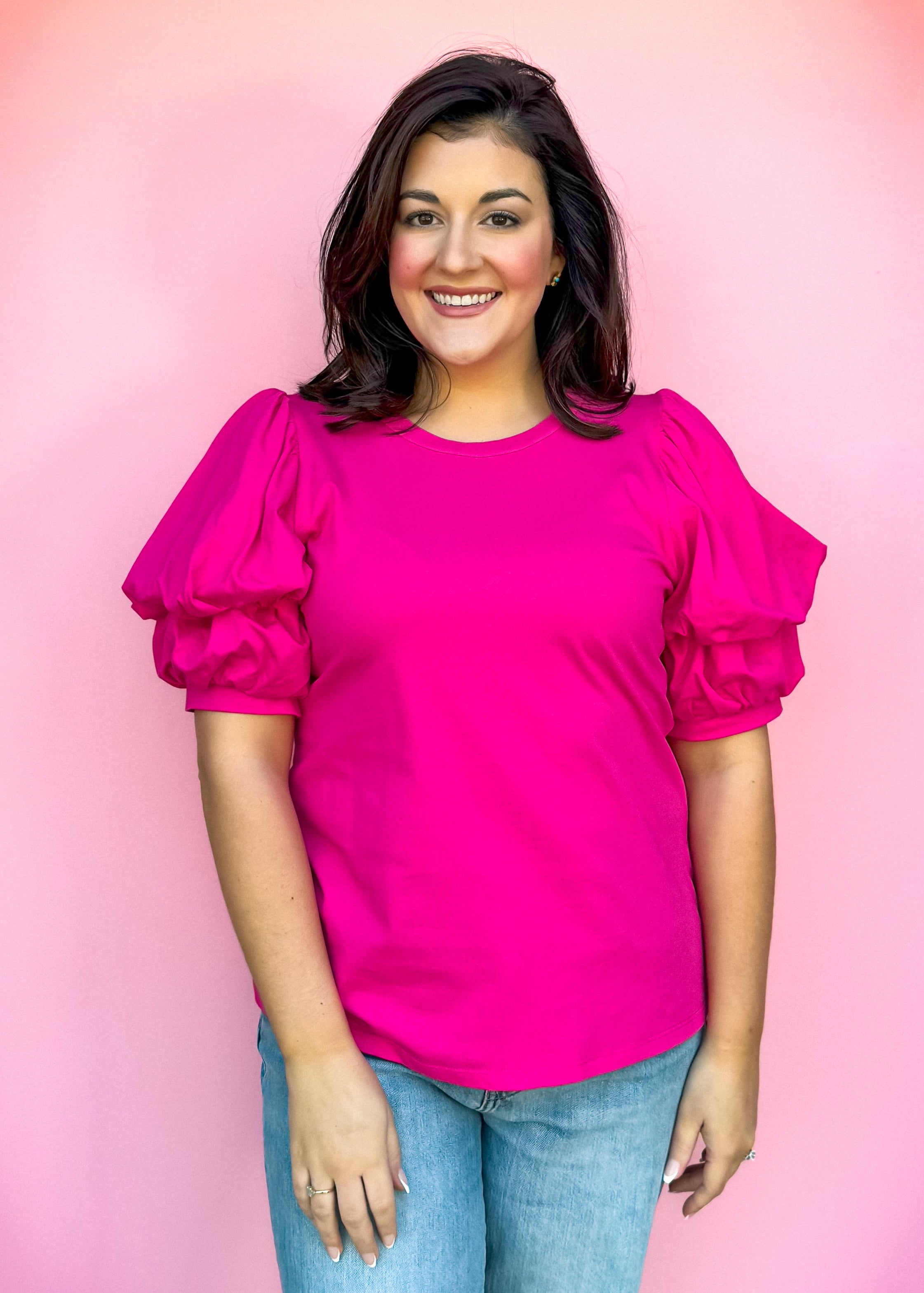 Bubble Sleeve Top, Hot Pink