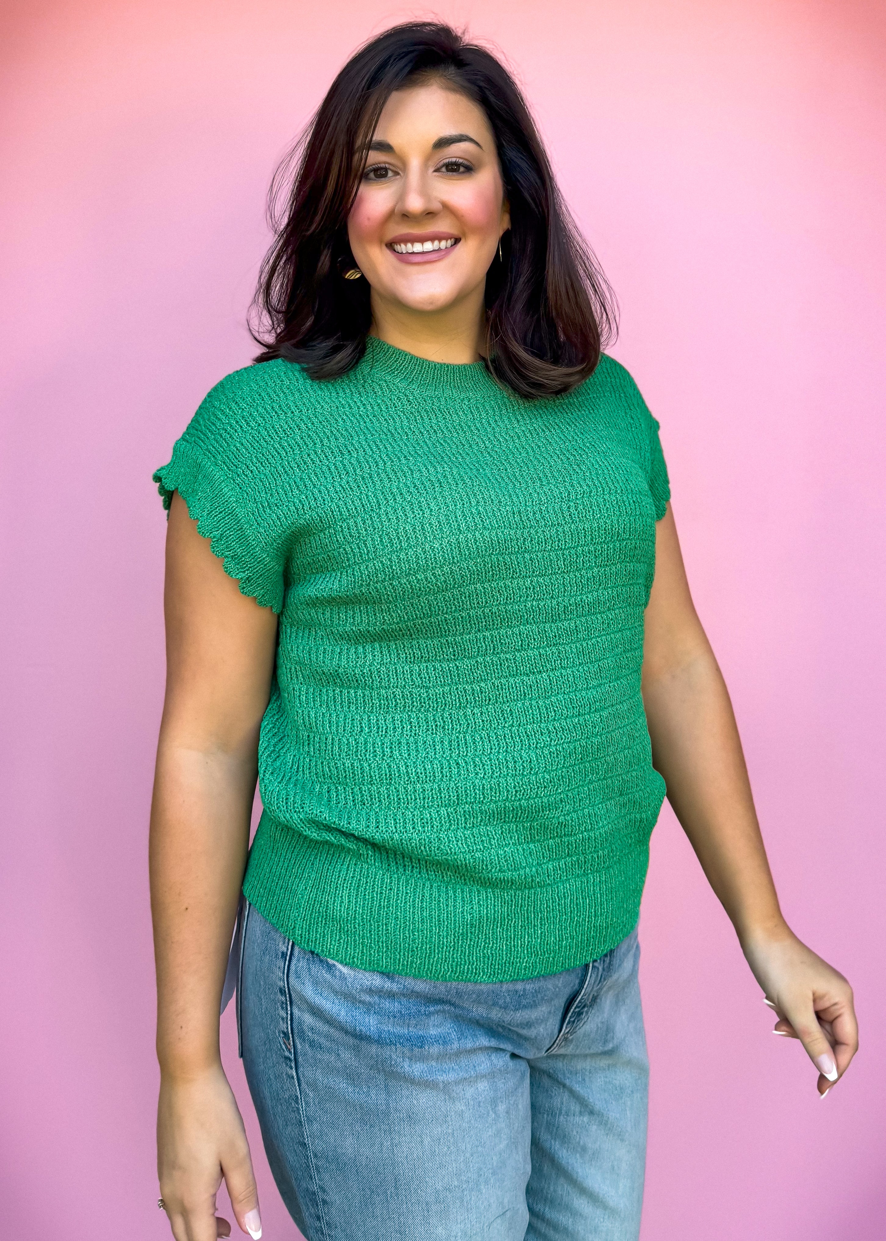 Scallop Sleeve Sweater, Green