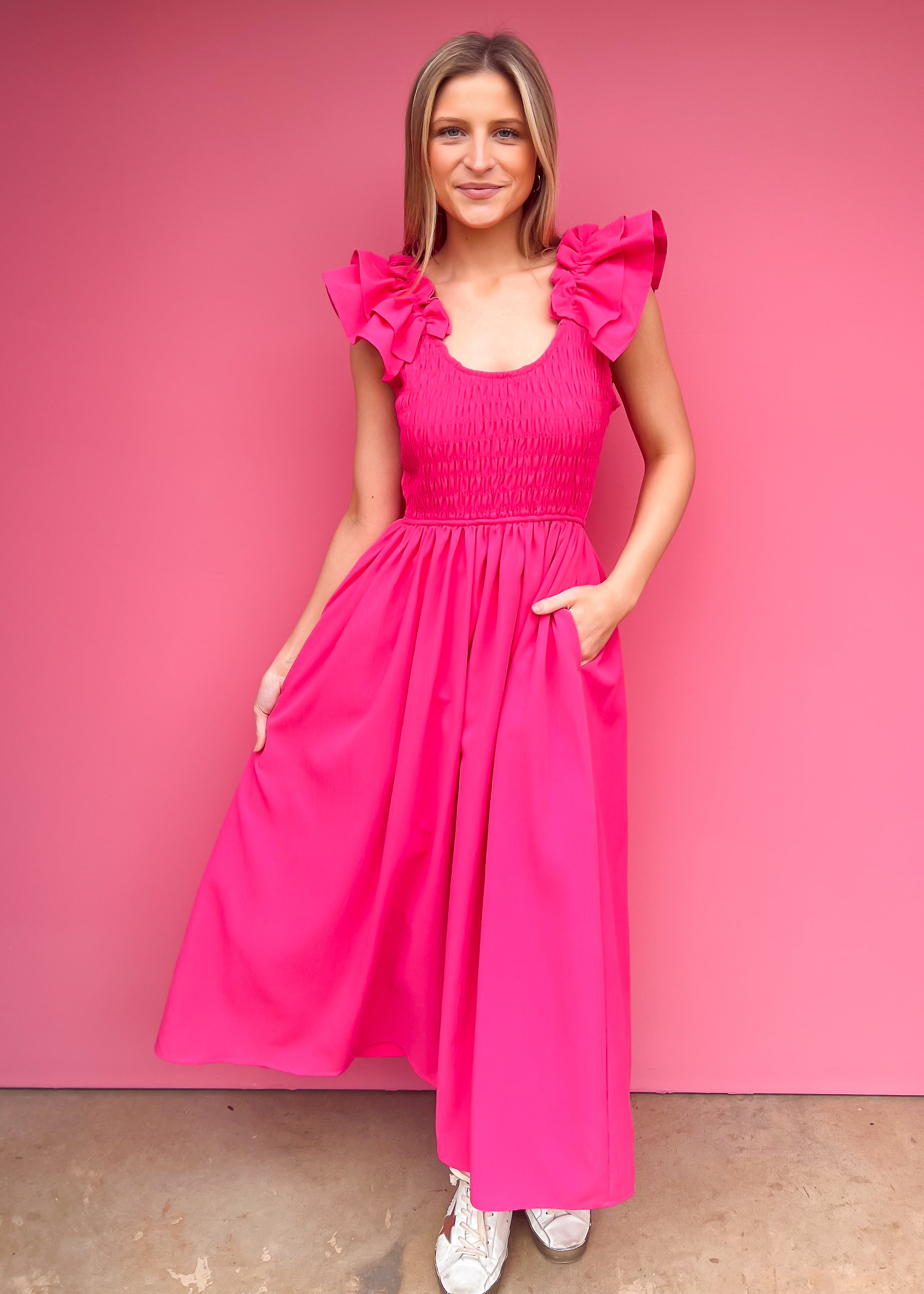 Ruffle Sleeve Midi Dress, Pink