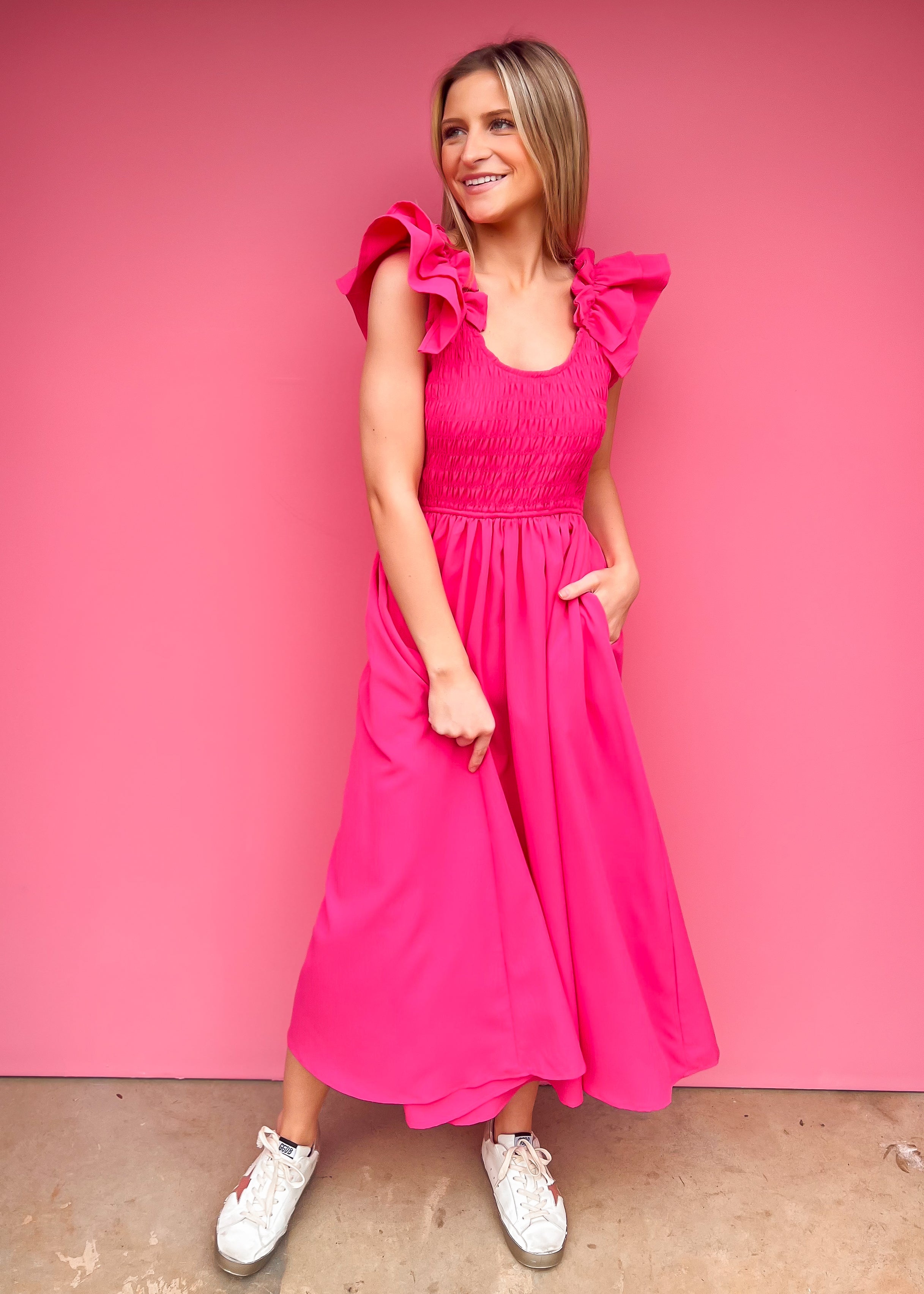 Ruffle Sleeve Midi Dress, Pink