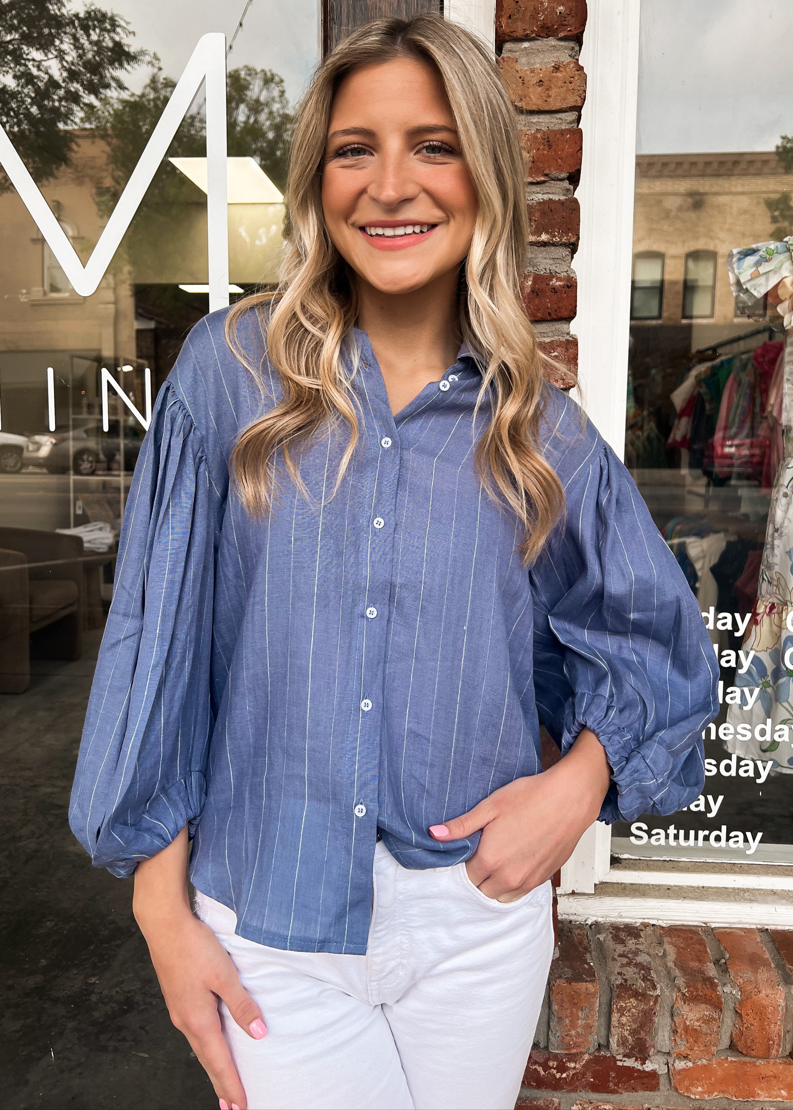Karlie: Striped Puff Sleeve Button Up Top