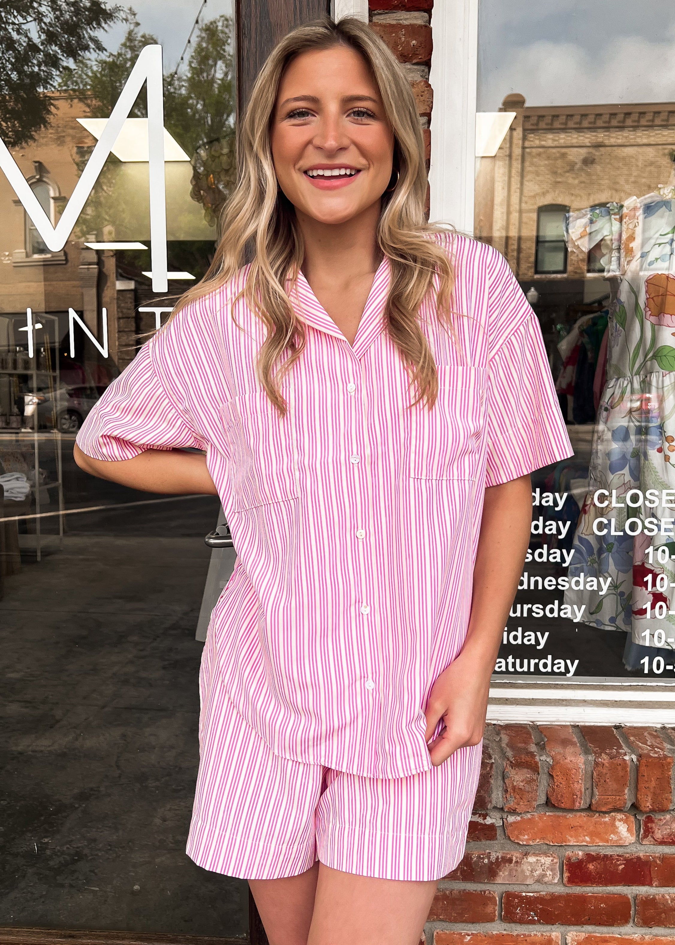 Karlie: Stripe Poplin Pocket Button Up Top