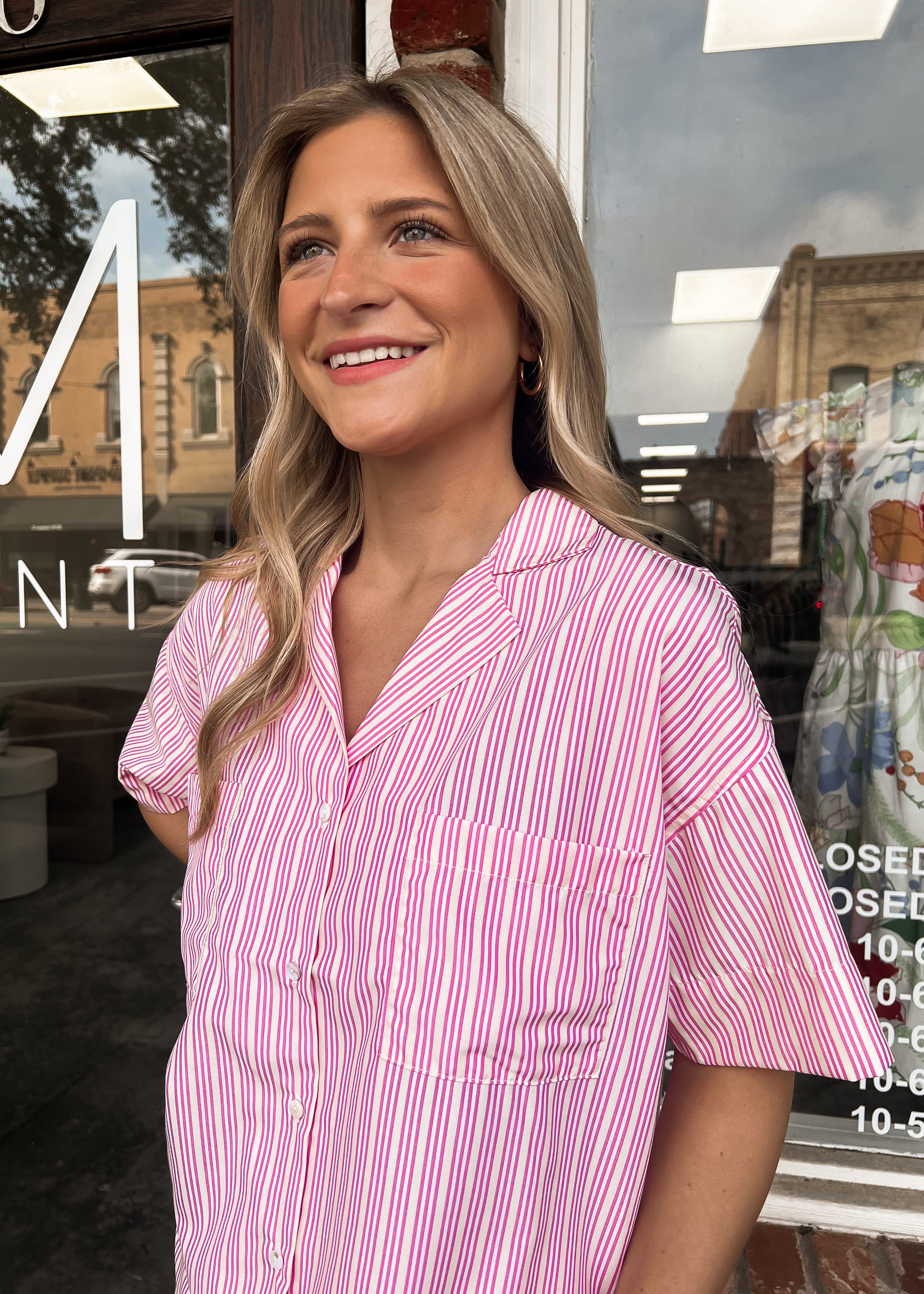Karlie: Stripe Poplin Pocket Button Up Top