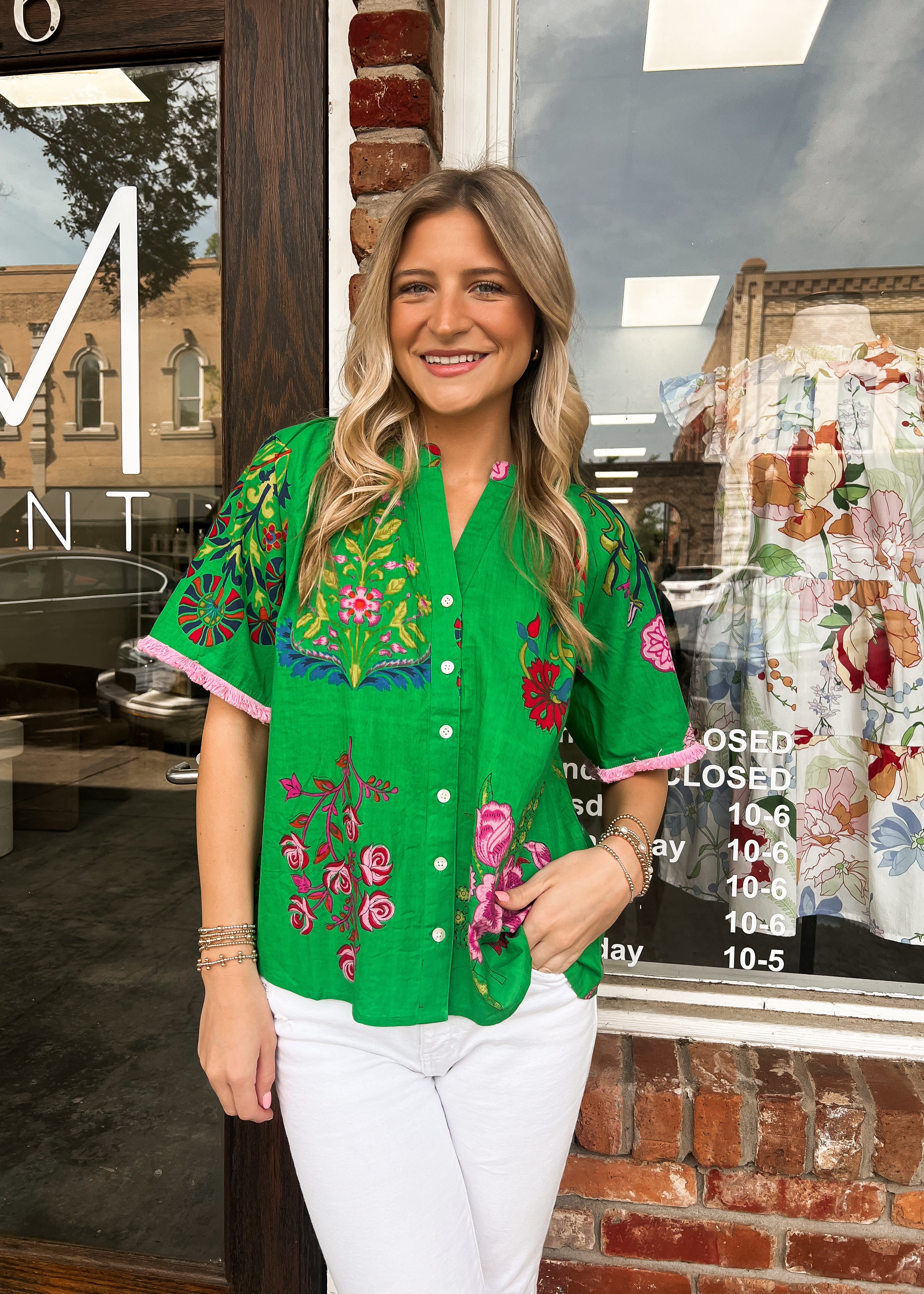THML: Leela Floral Fringe Sleeve Button Top