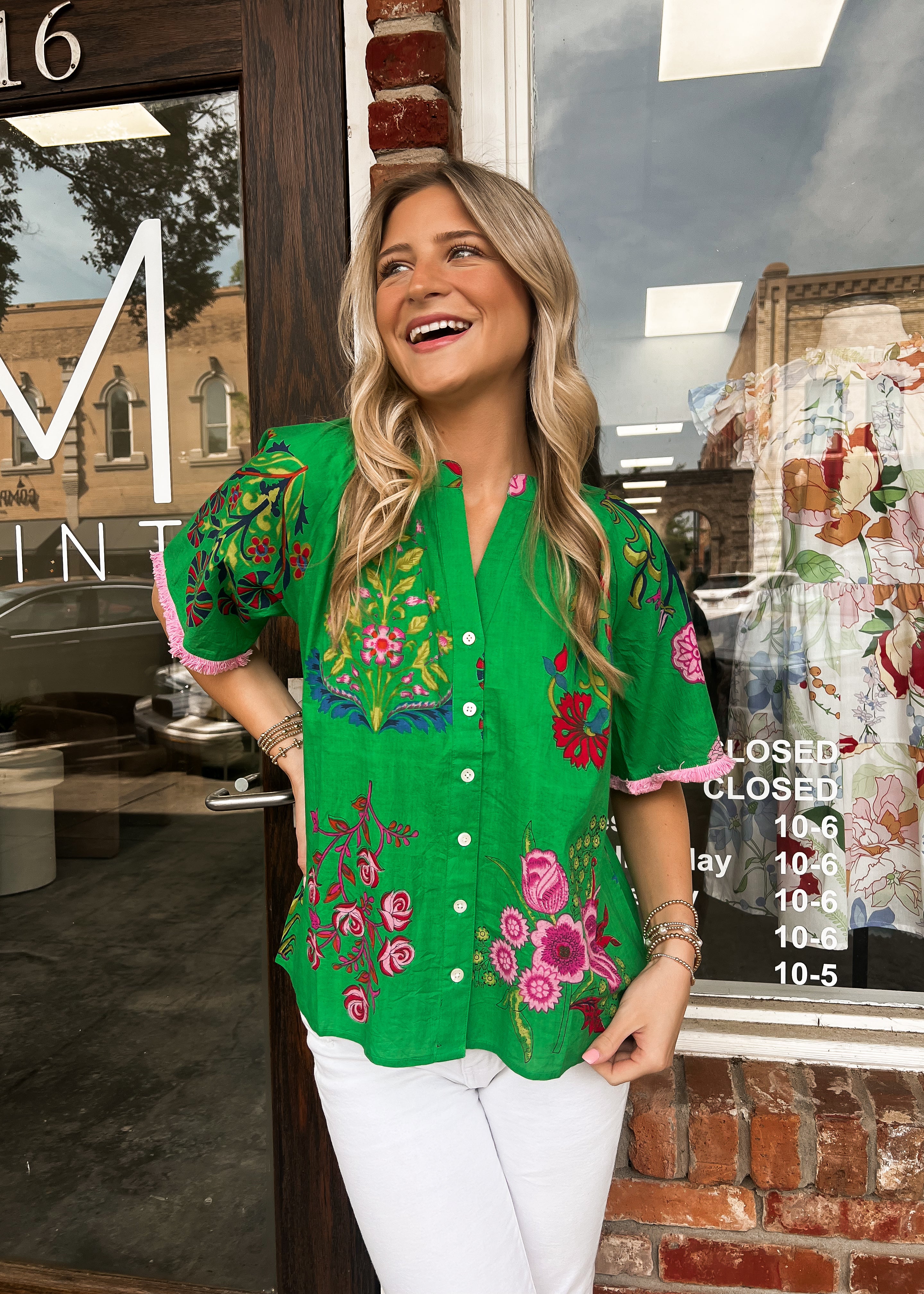 THML: Leela Floral Fringe Sleeve Button Top