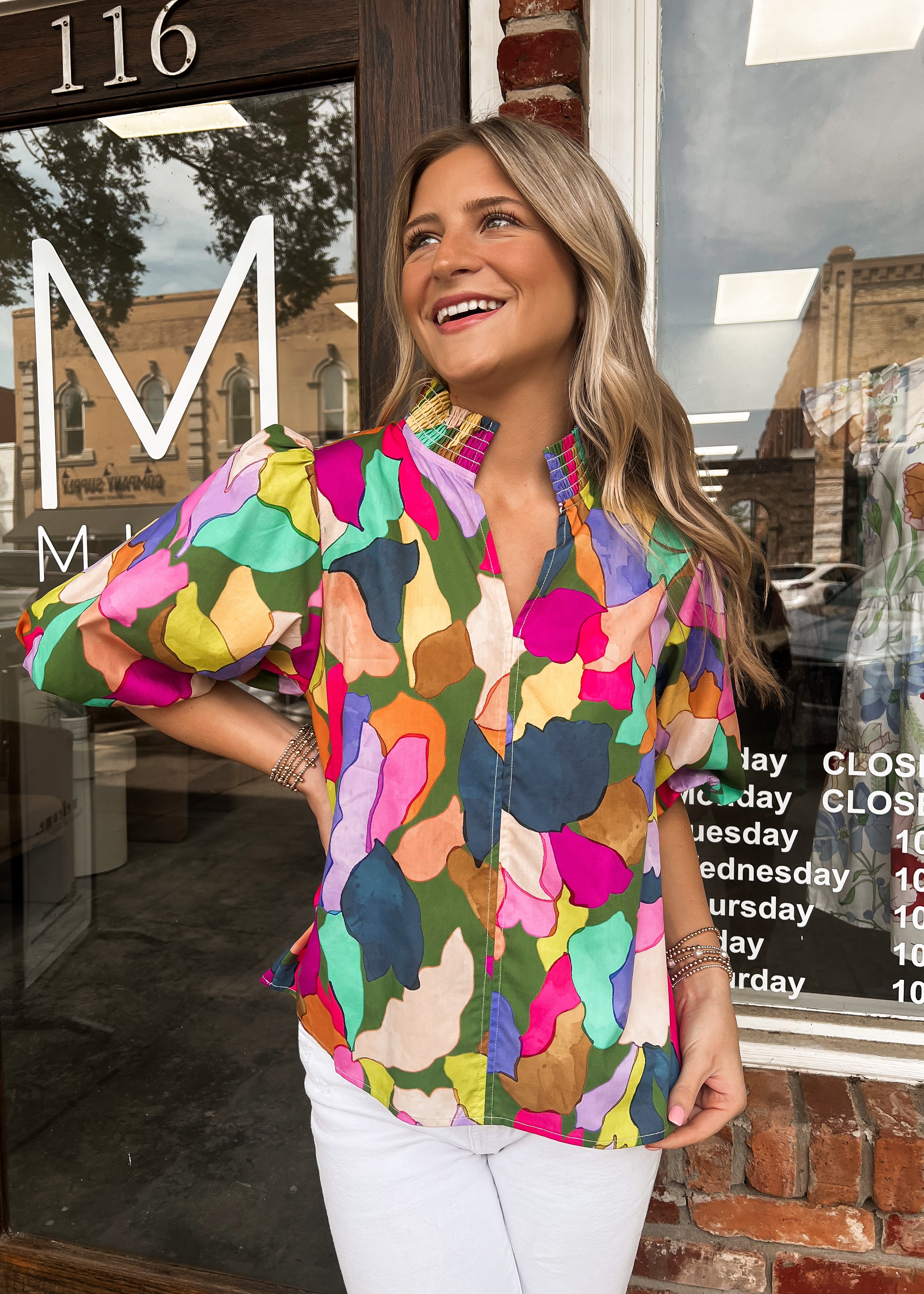 THML: Wendy Smocked Neck Puff Sleeve Print Top