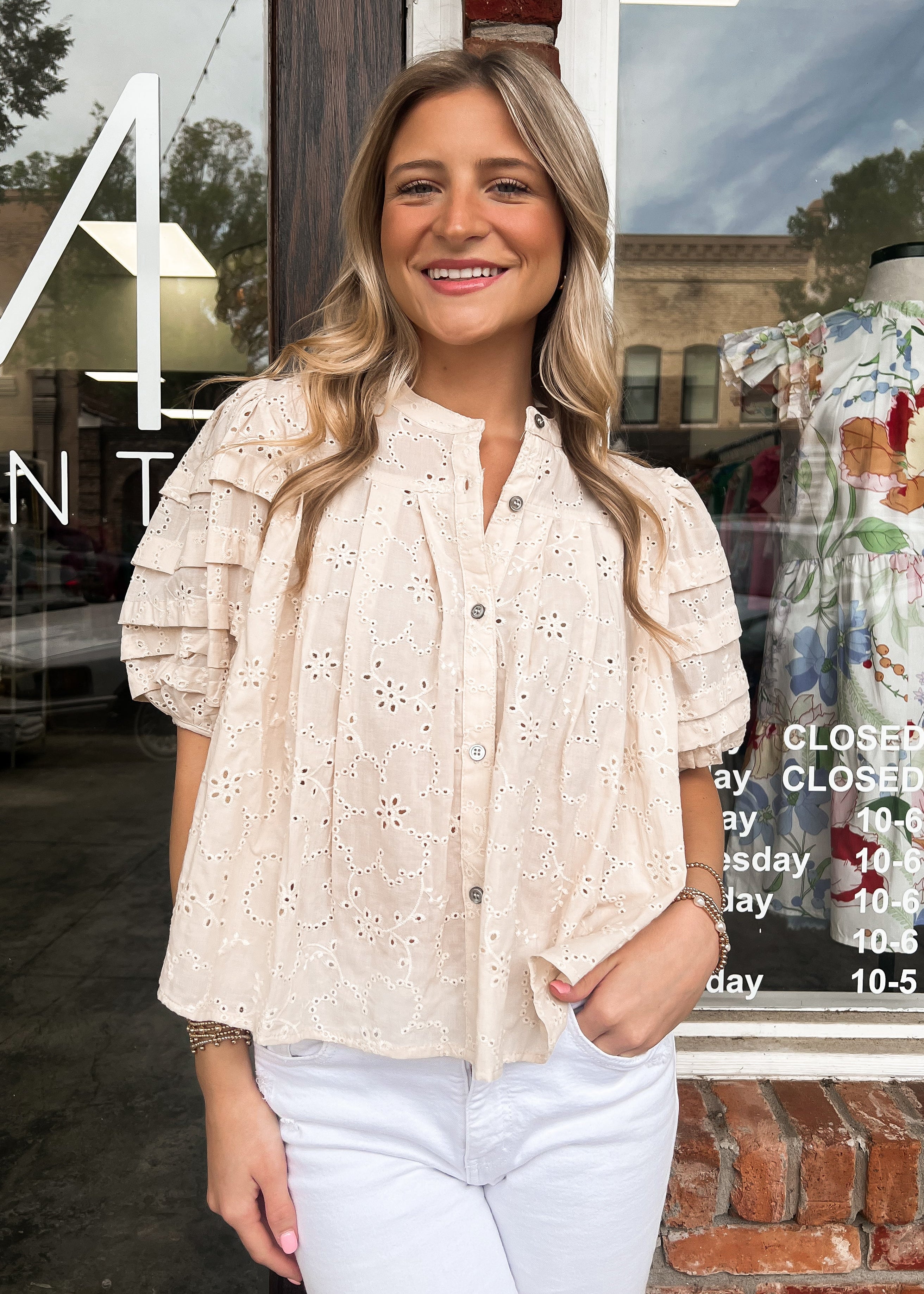 Karlie: Eyelit Button Top