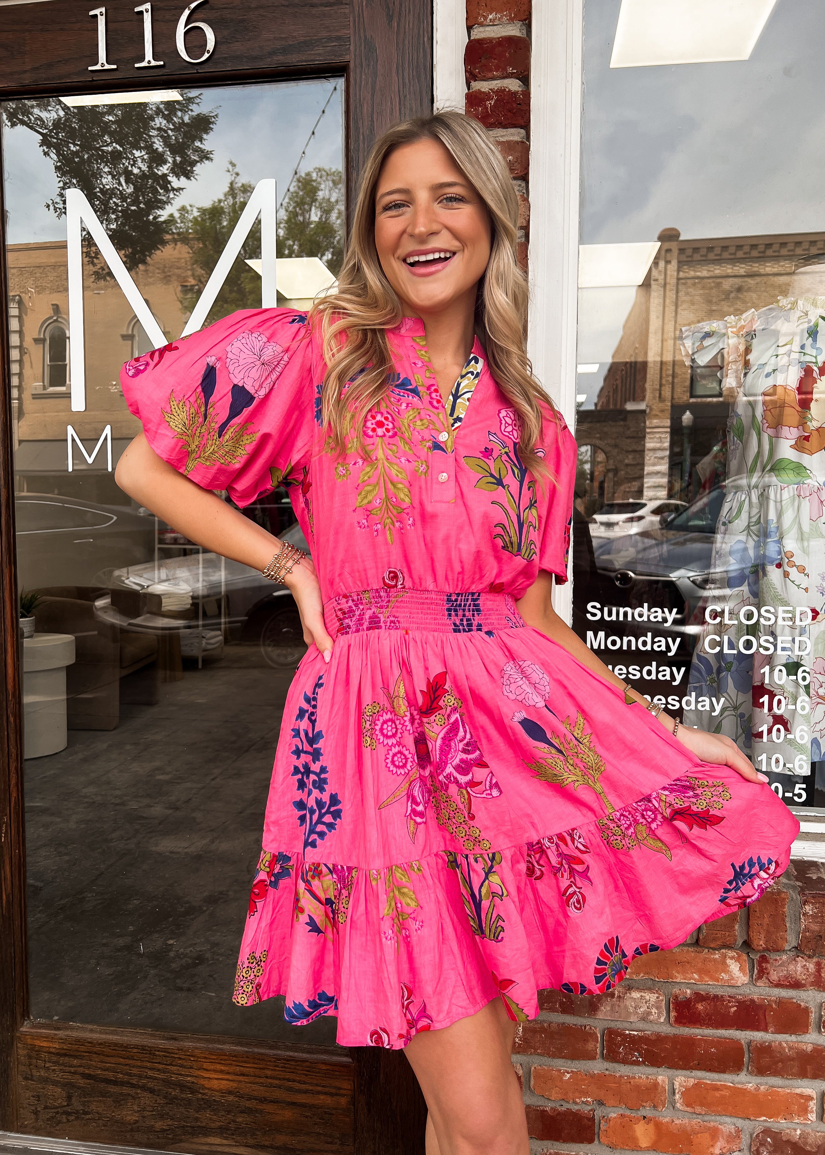 THML: Patsy Smocked Waist Puff Sleeve Floral Dress