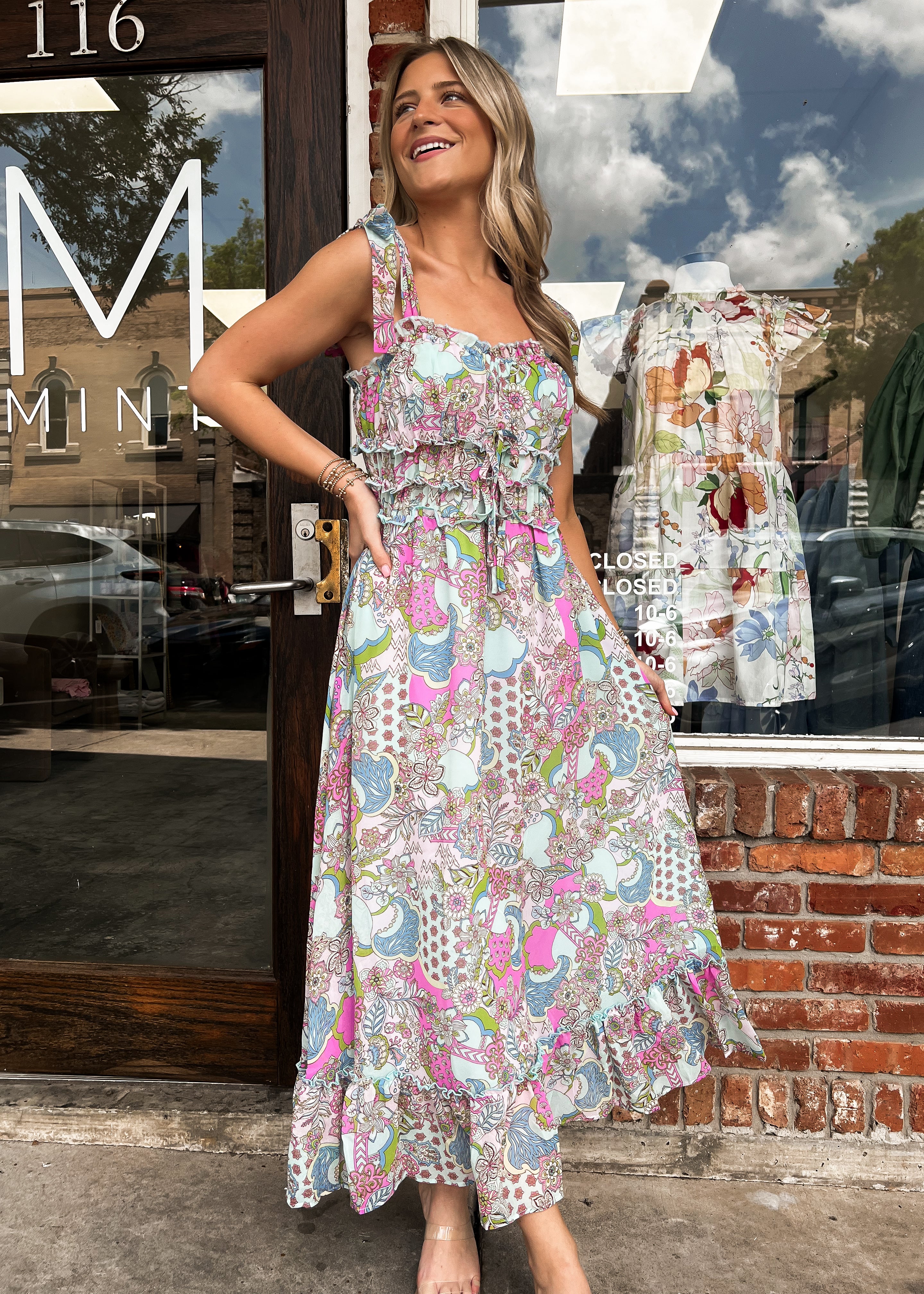 Ellie Print Ruffle Detail Tie Strap Midi Dress