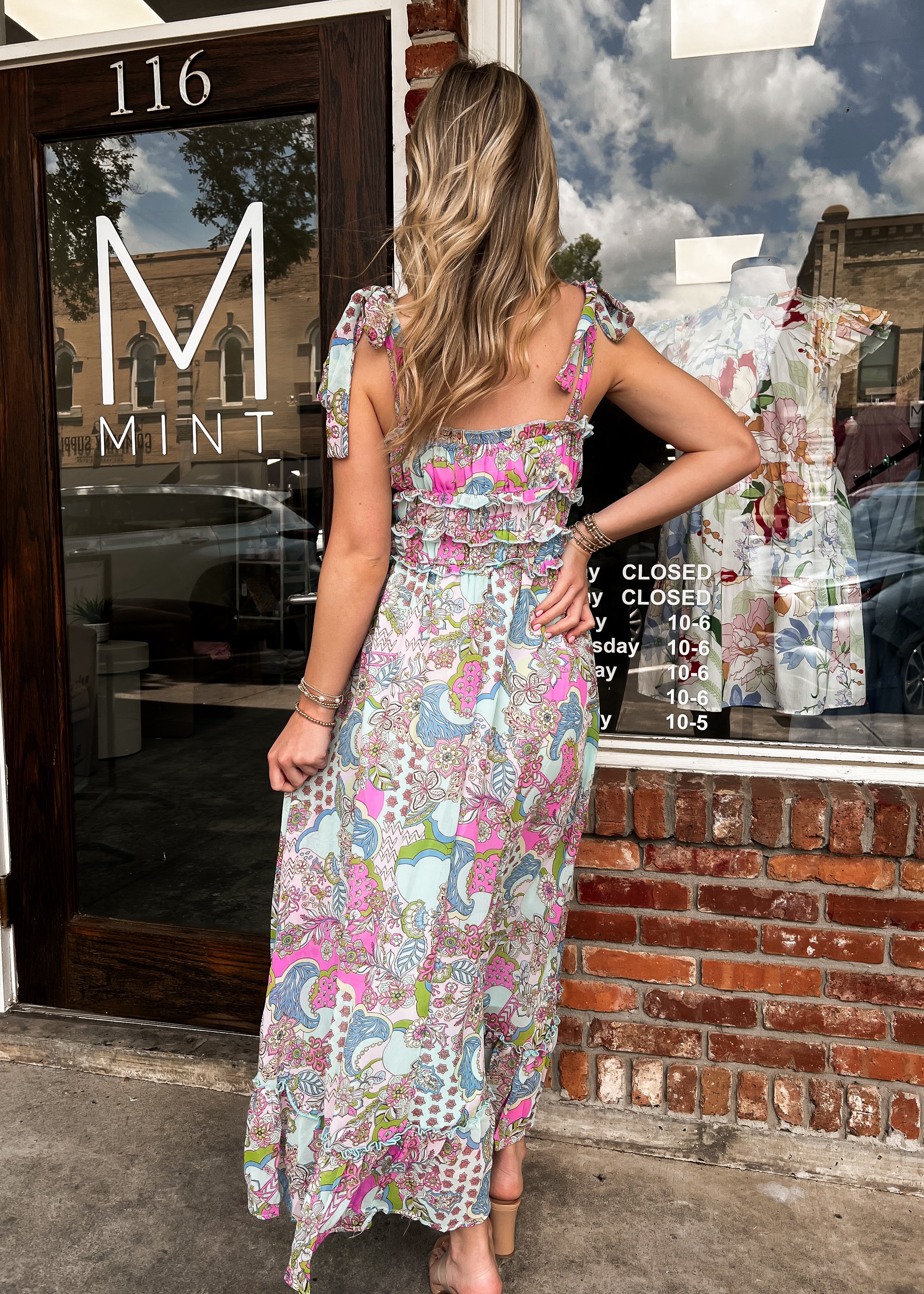 Ellie Print Ruffle Detail Tie Strap Midi Dress