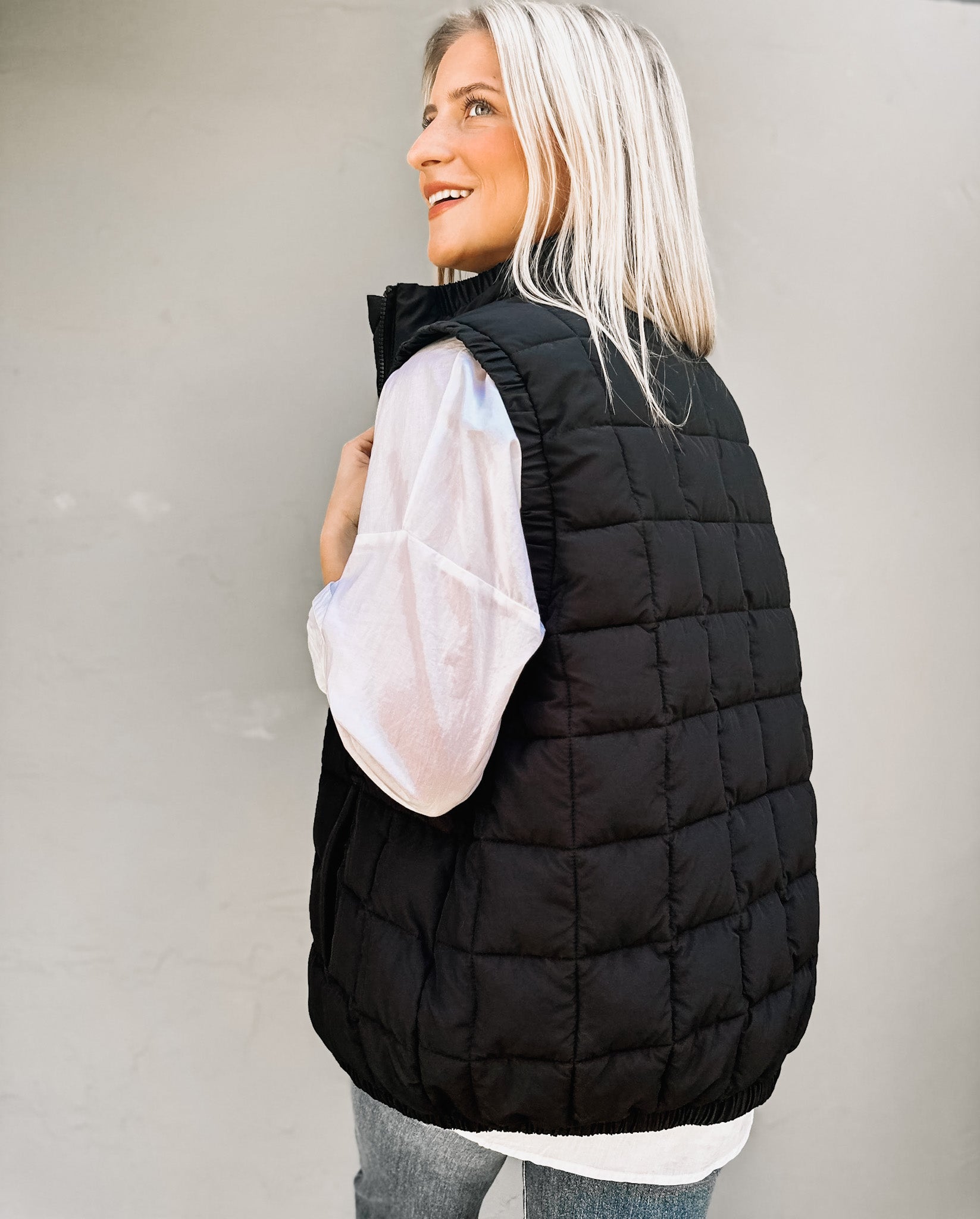 Oversized Quilted Puffer Vest, Black