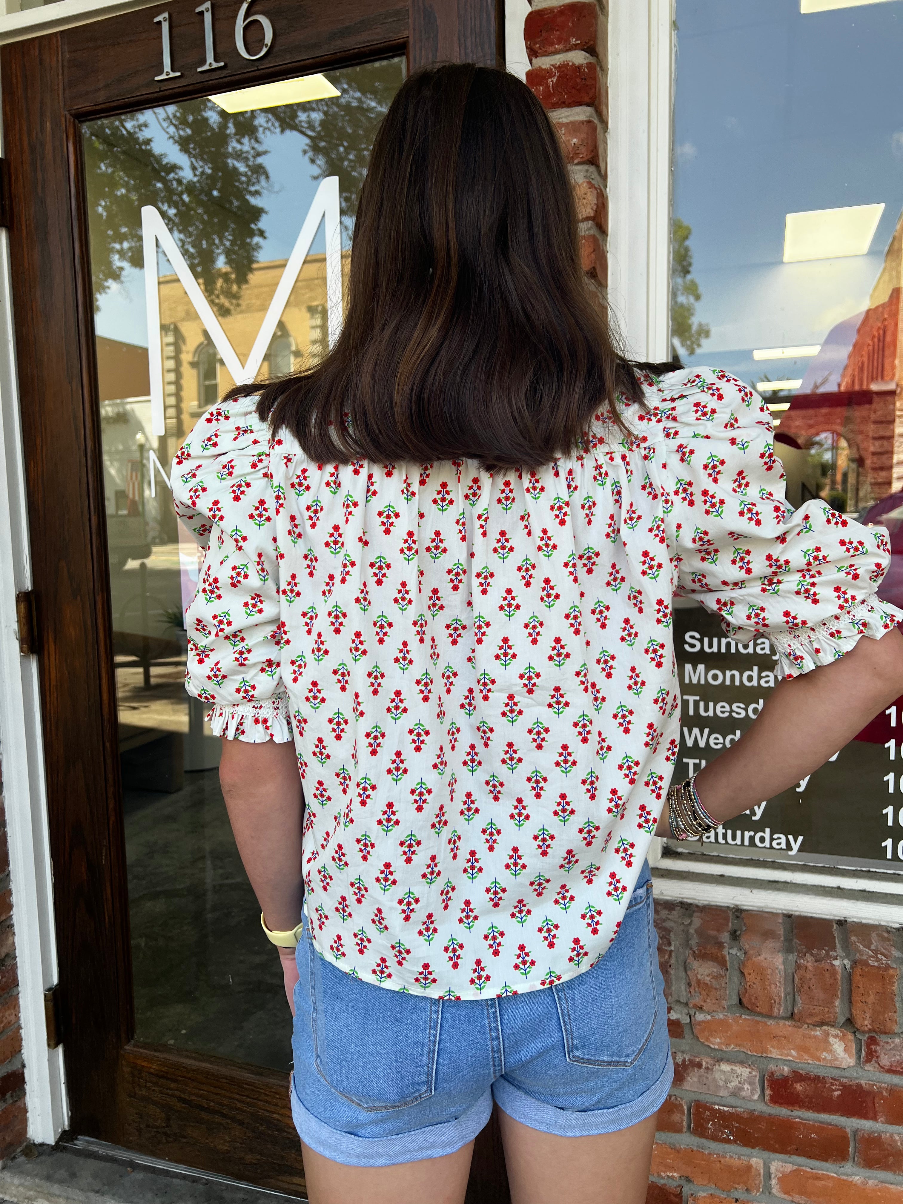 Karlie: Digital Floral Ruffle Puff Sleeve Top