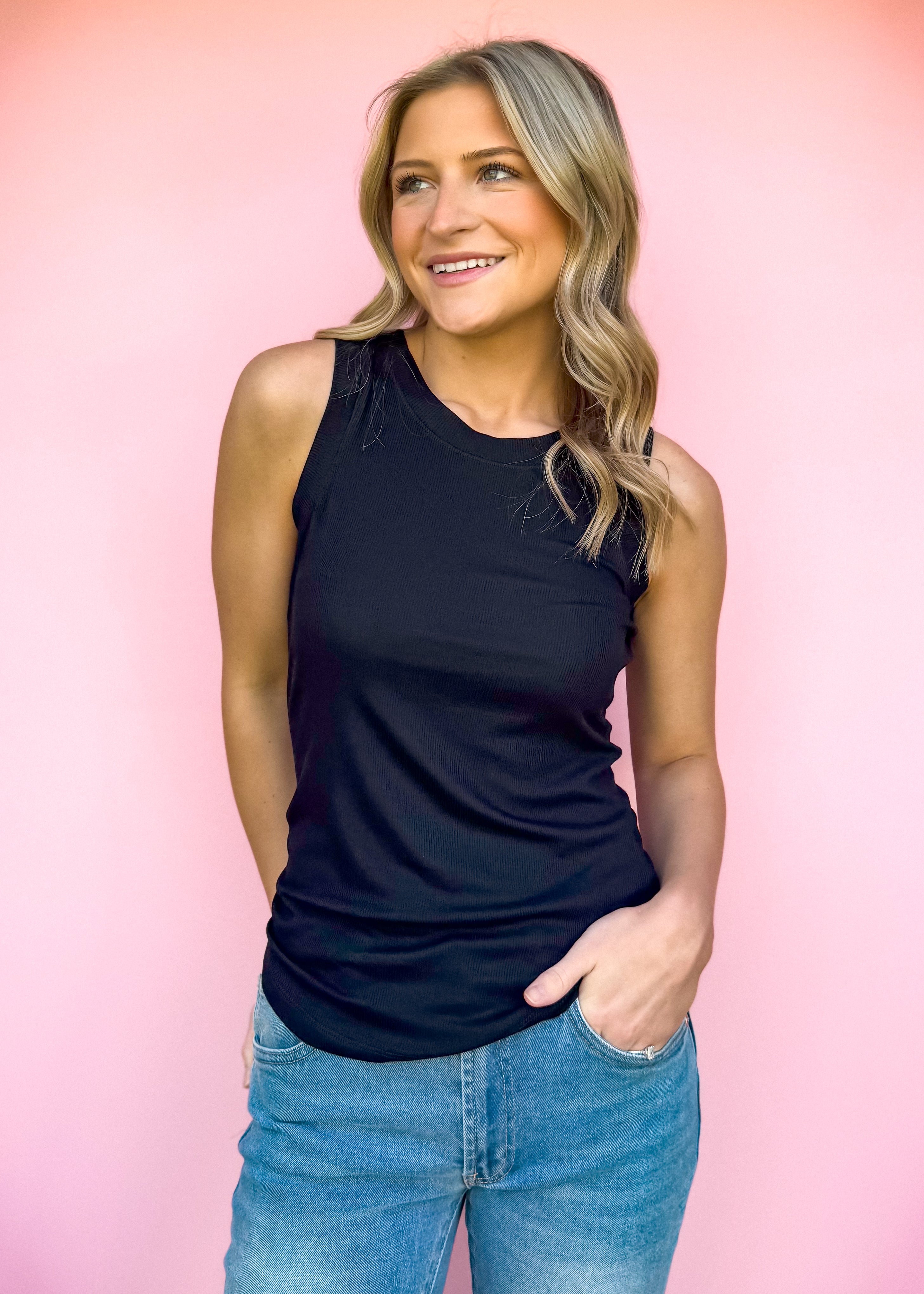 Another Love: Cleo Ribbed Crew Neck Tank, Black