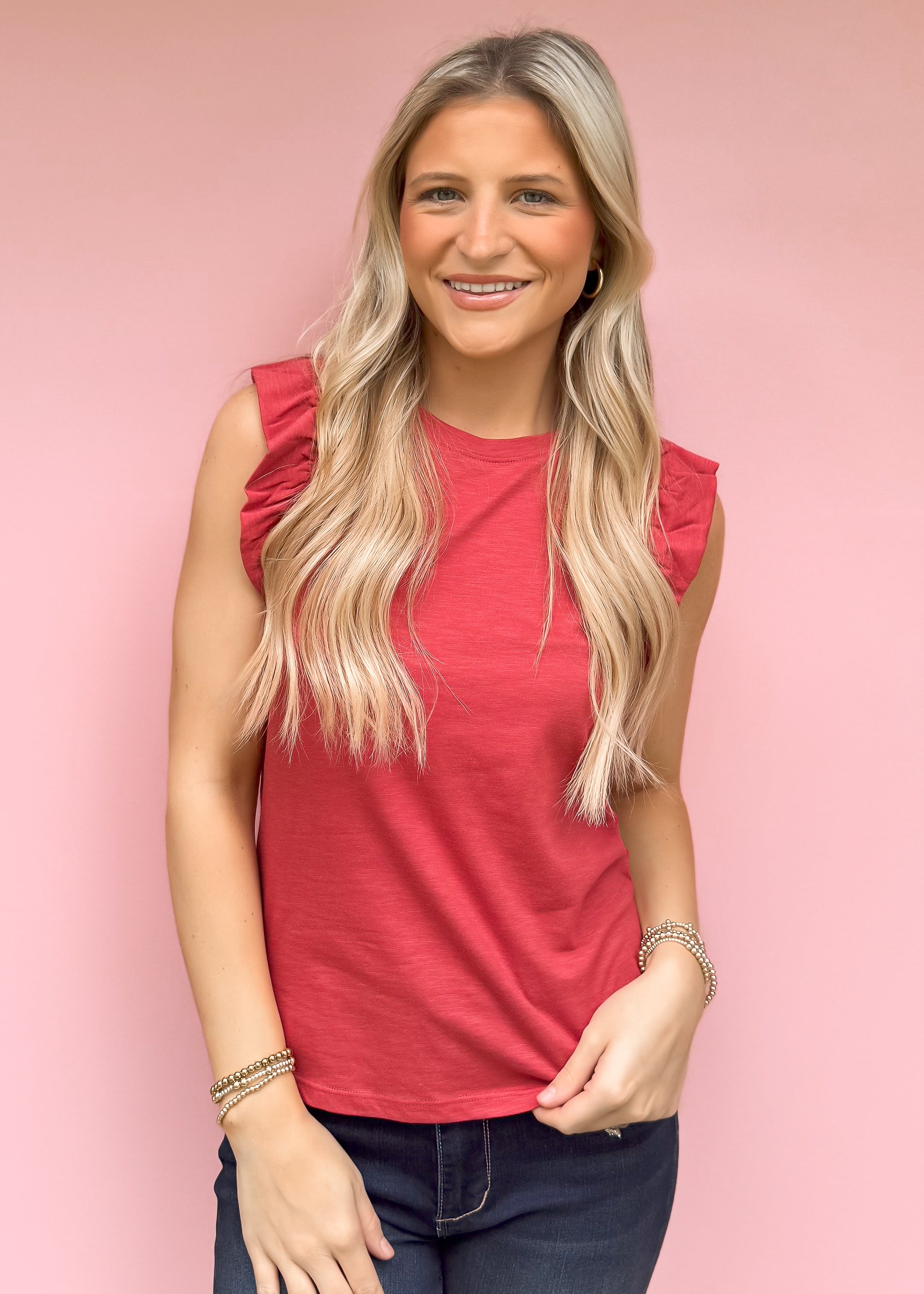 Another Love: North Ruffle Trimmed Top, Pomegranate