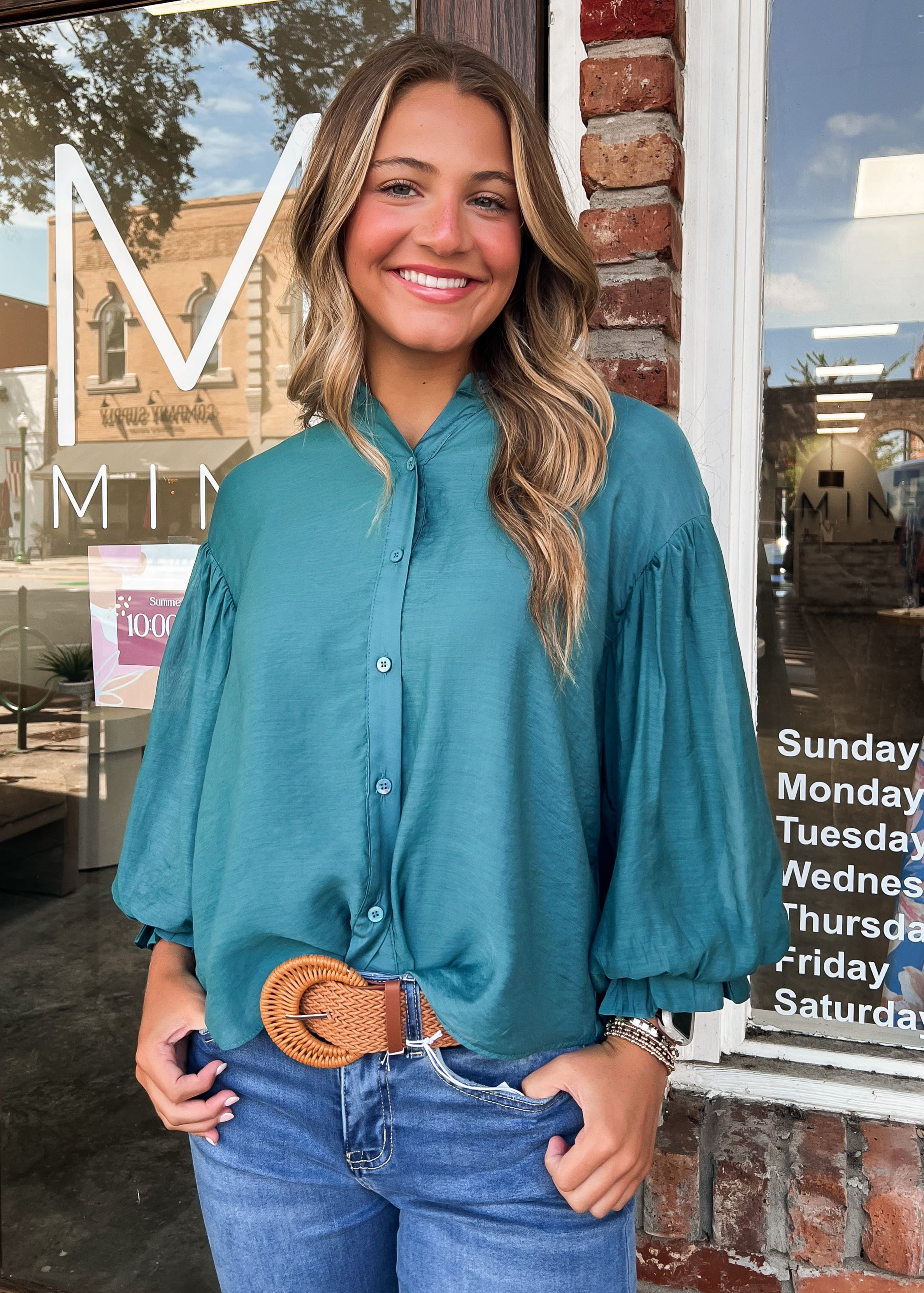 Rachel Puff Sleeve Button Top - Teal