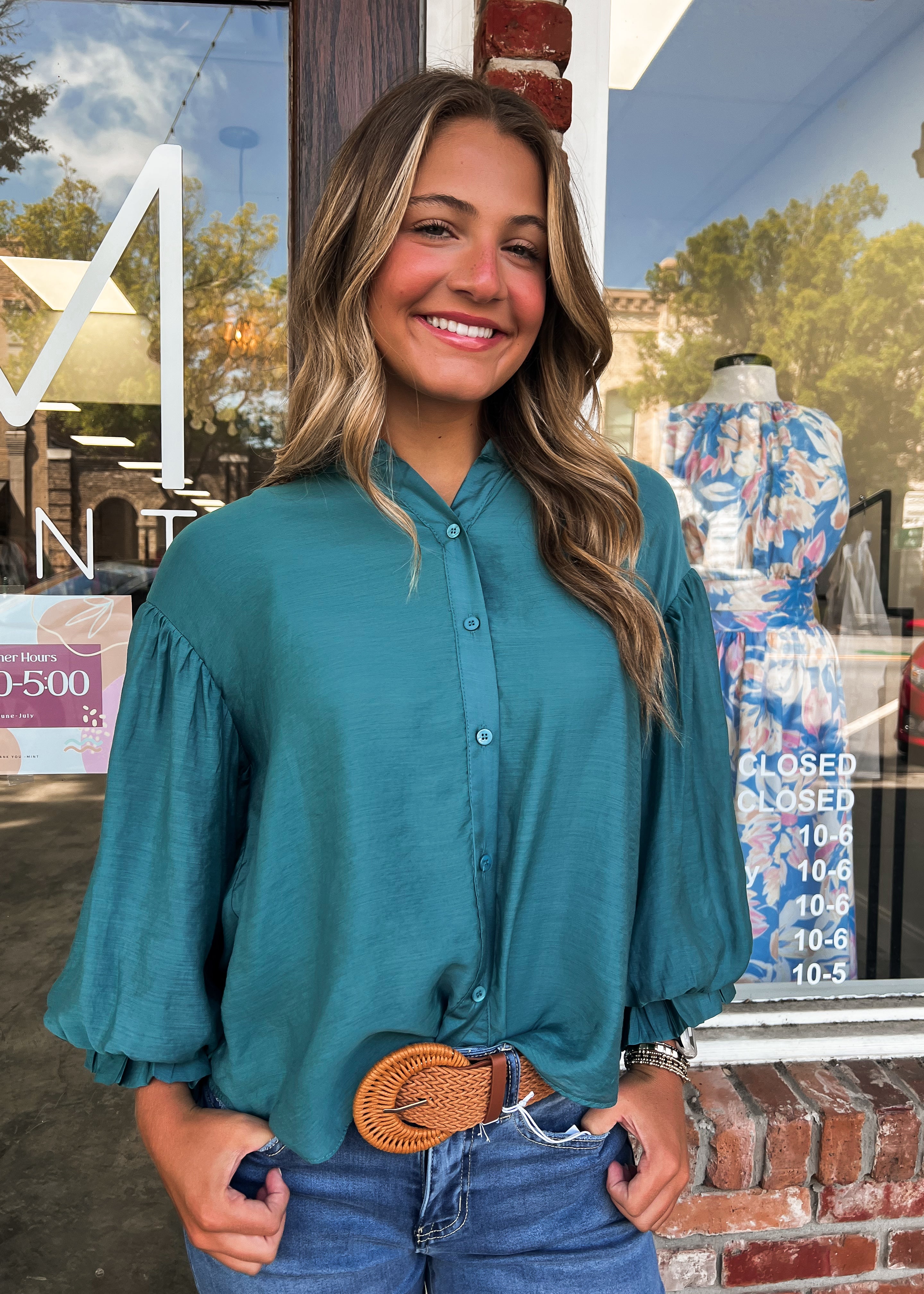 Rachel Puff Sleeve Button Top - Teal