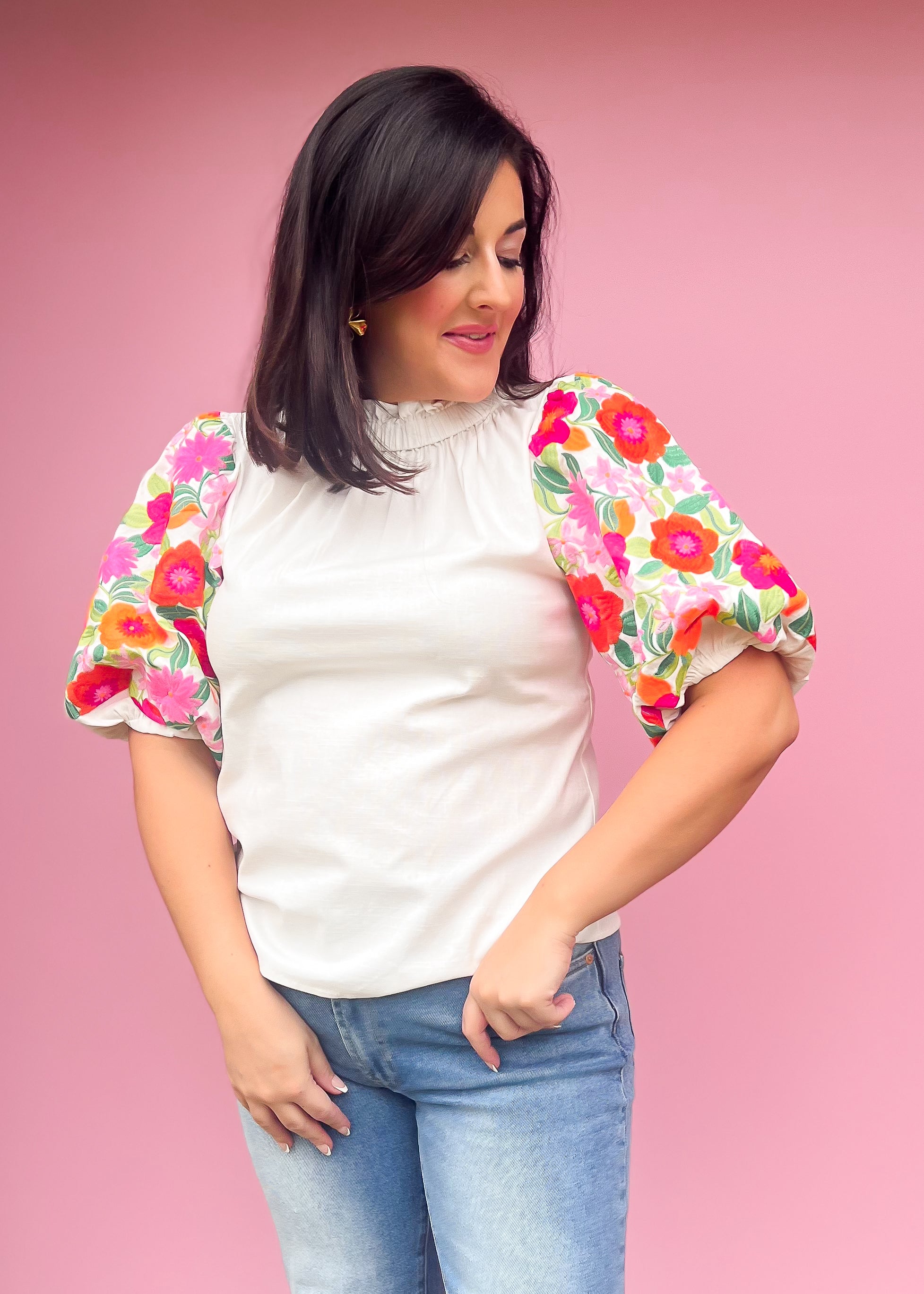Islia Floral Embroidered Button Back Top