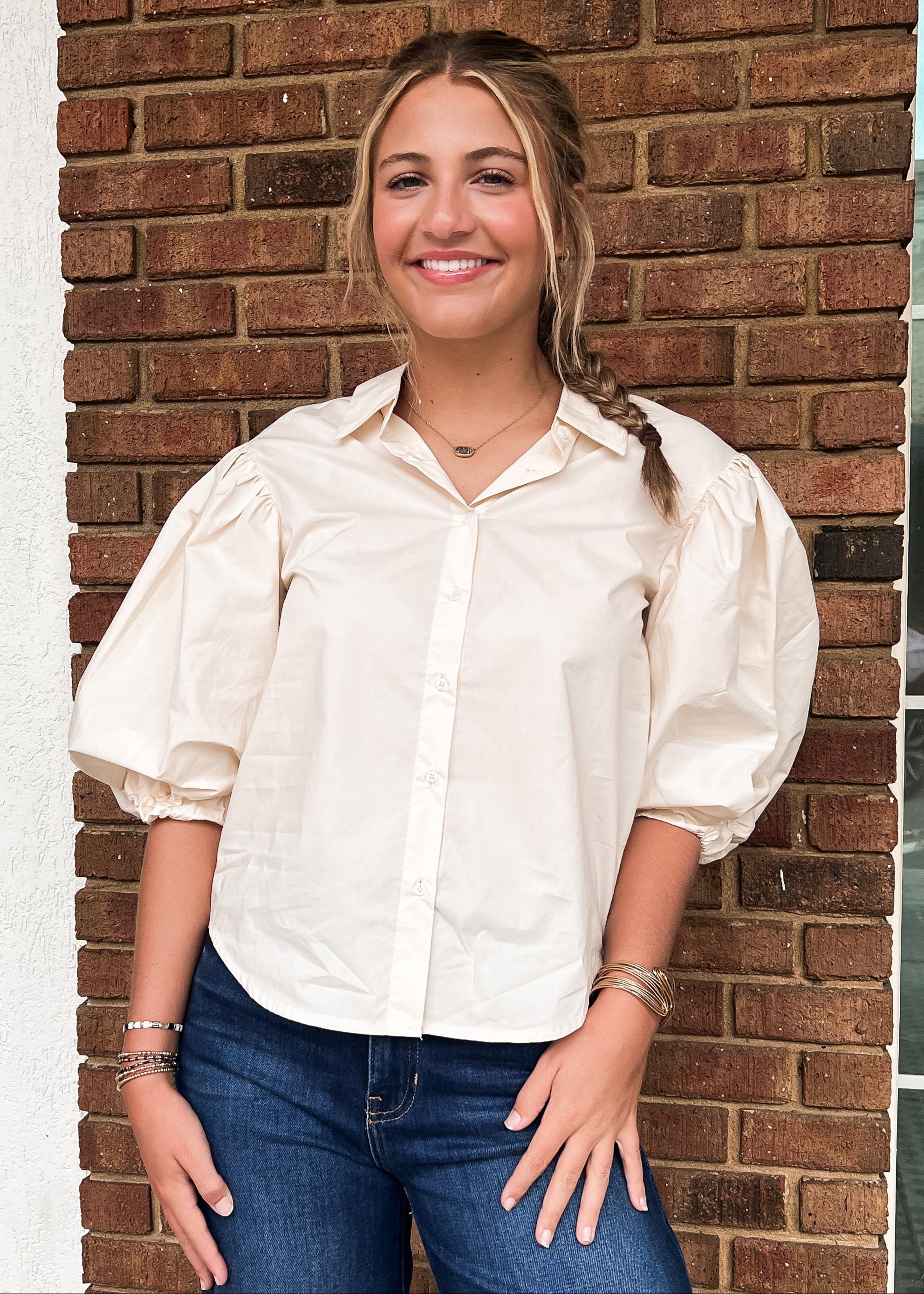Karlie: Cream Poplin Button Top