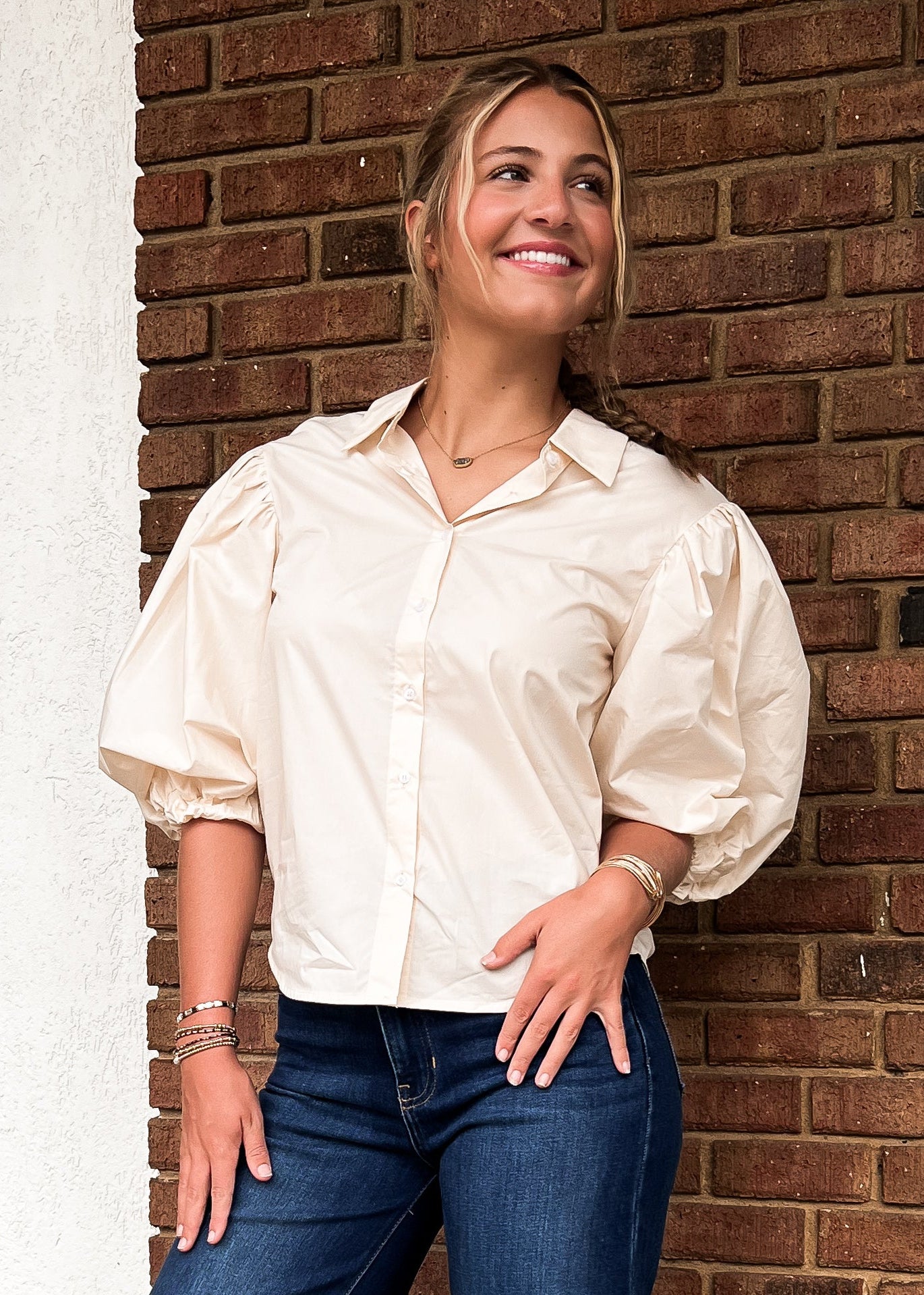 Karlie: Cream Poplin Button Top