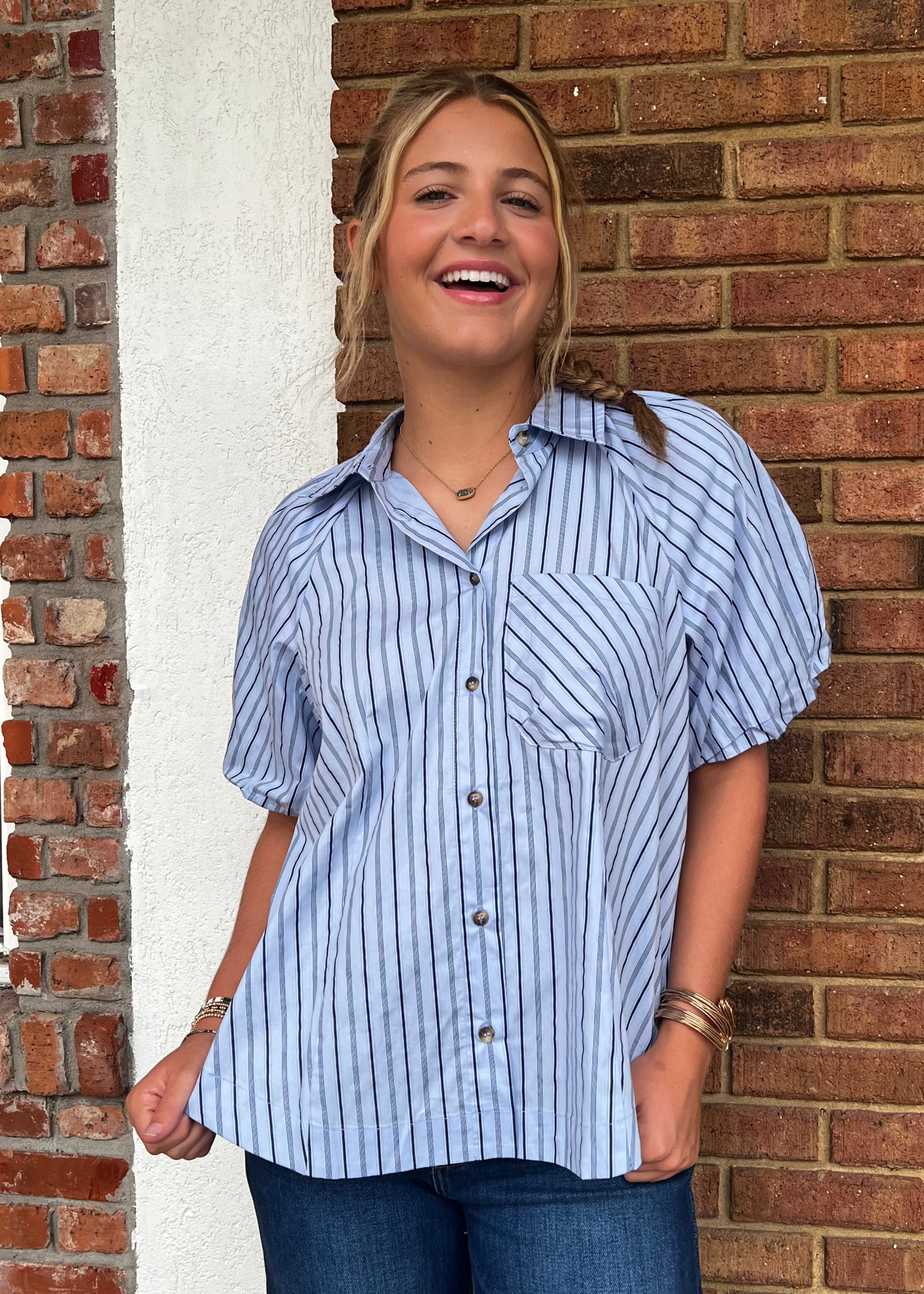 Karlie: Stripe Poplin Bubble Sleeve Top