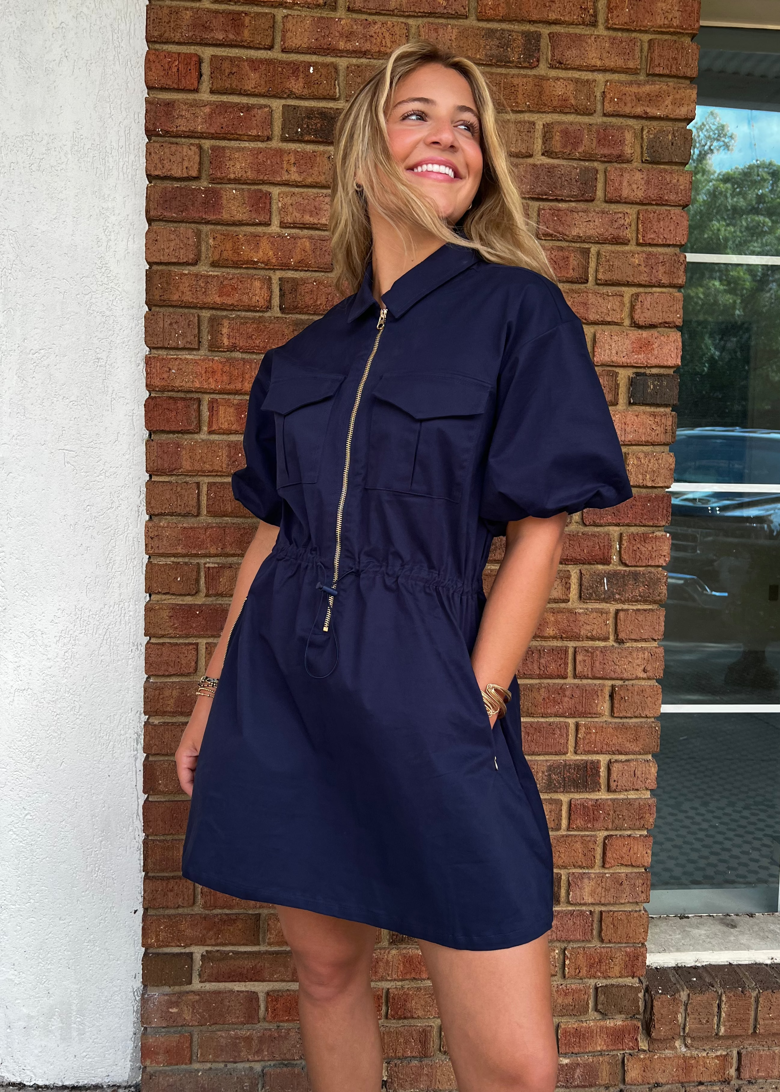 THML: Half Zip Drawstring Puff Sleeve Dress