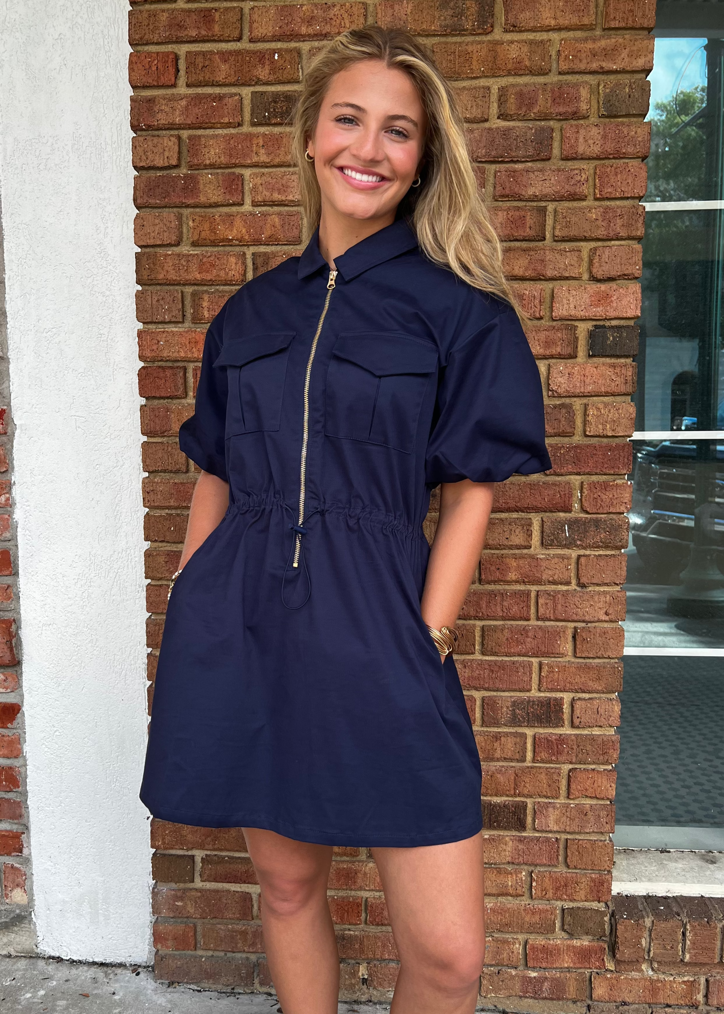 THML: Half Zip Drawstring Puff Sleeve Dress