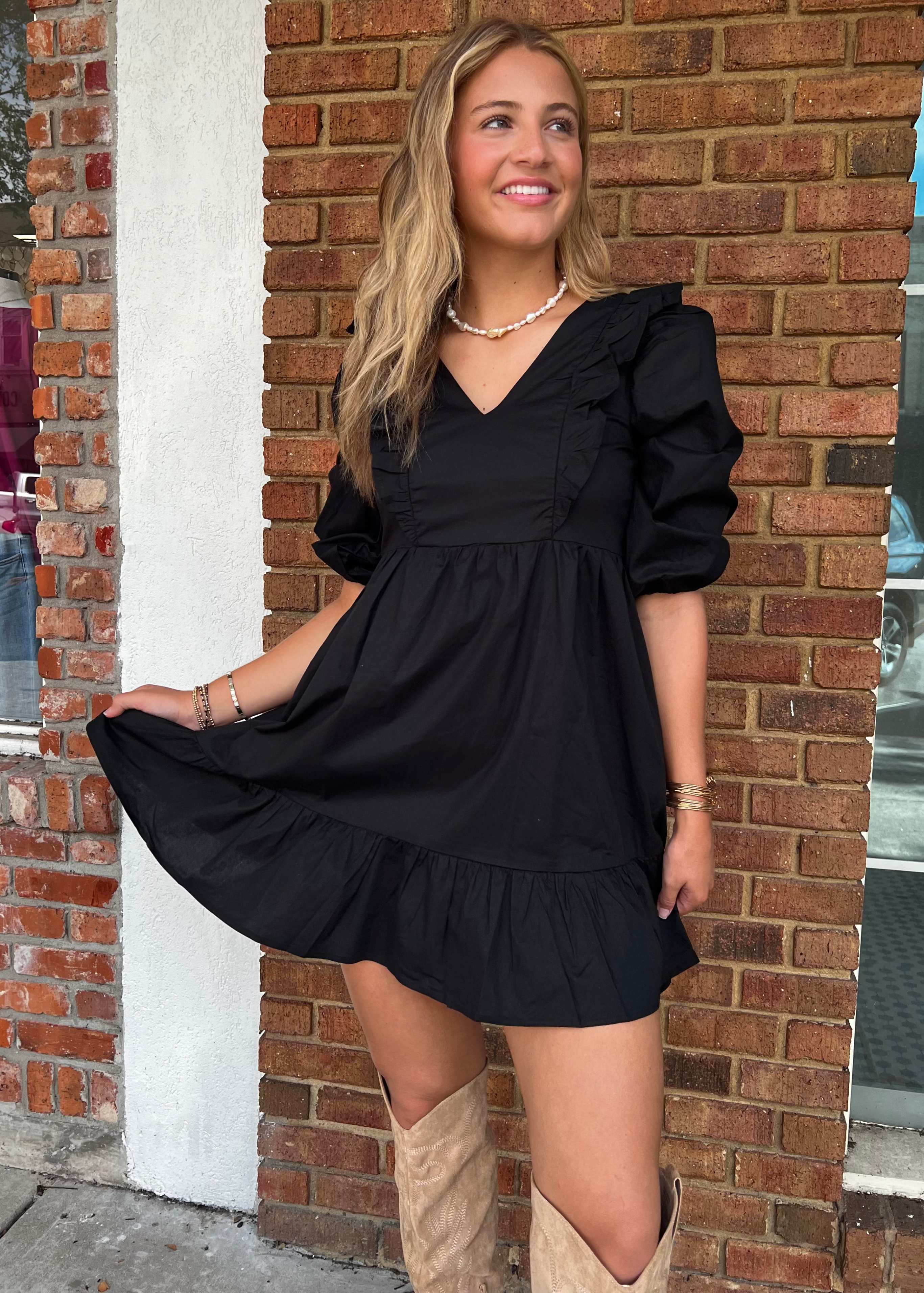 Karlie: Black Poplin Ruffle Dress