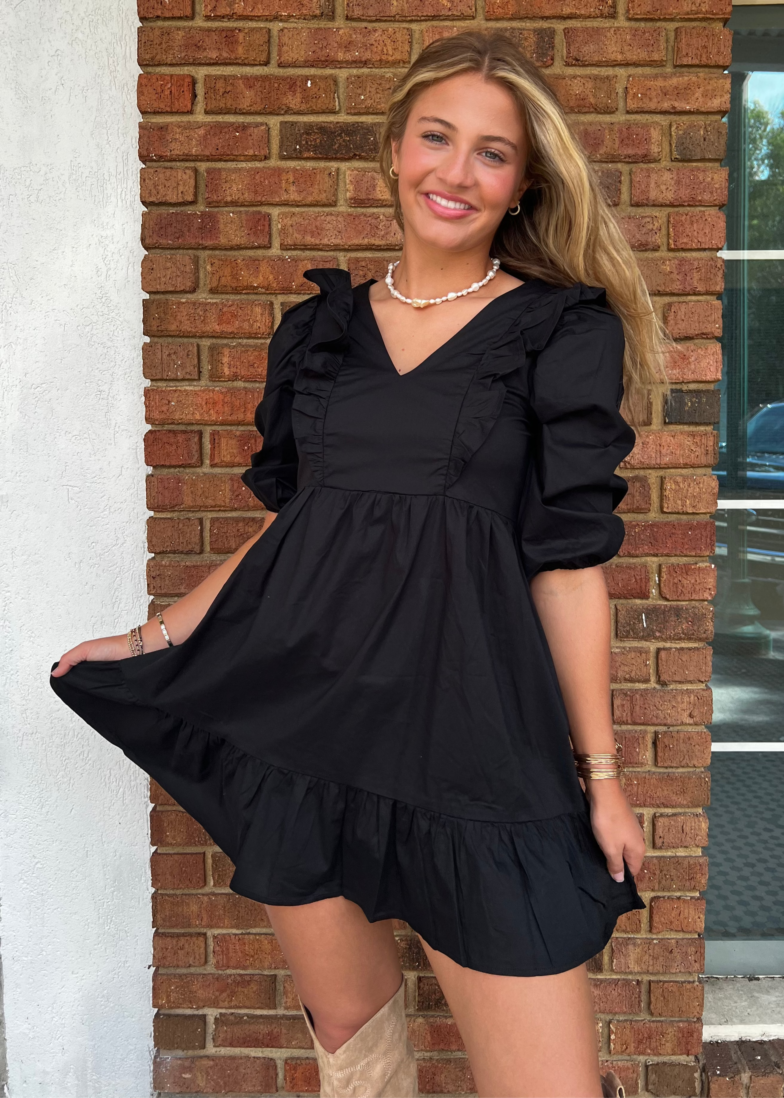 Karlie: Black Poplin Ruffle Dress