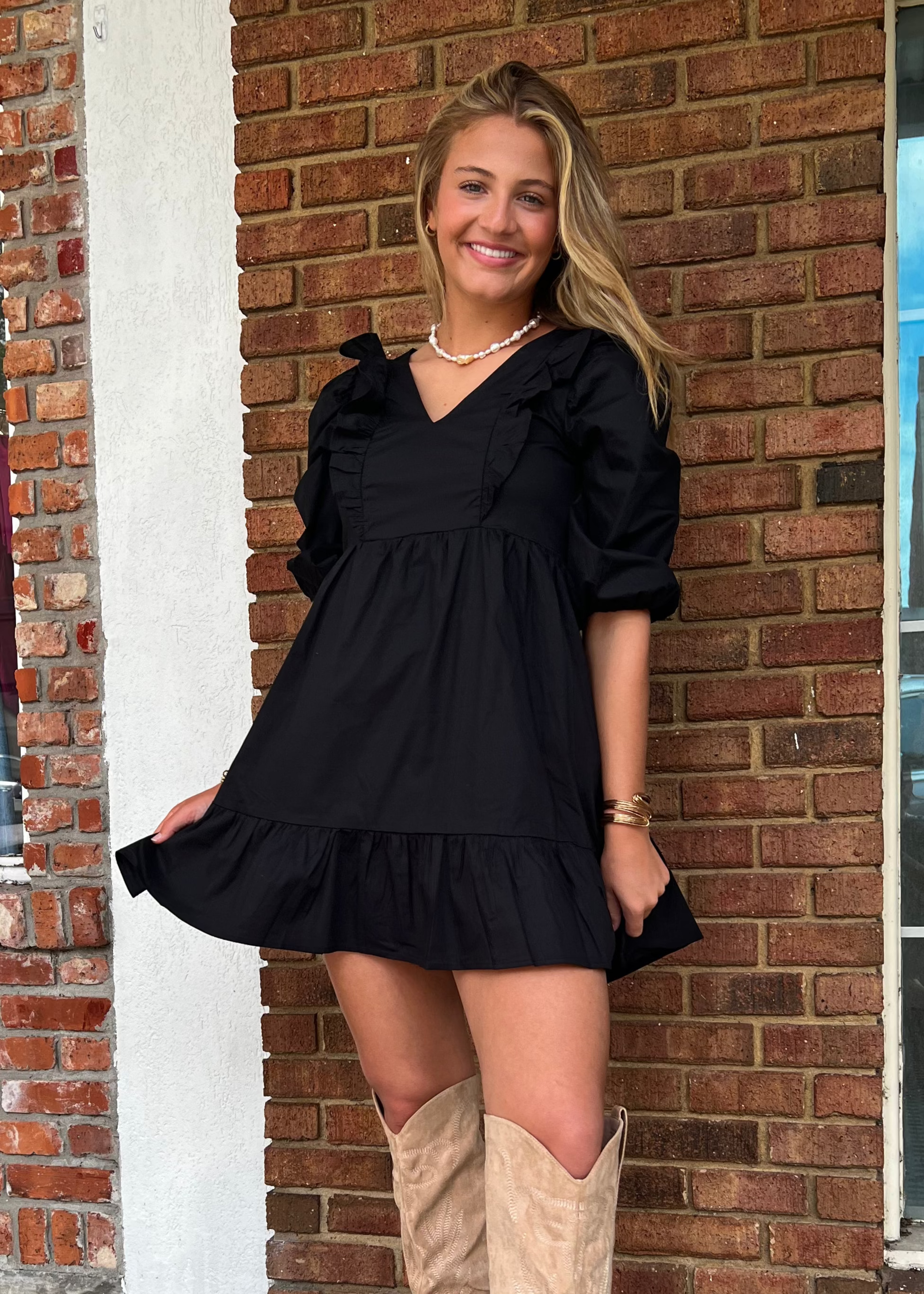 Karlie: Black Poplin Ruffle Dress