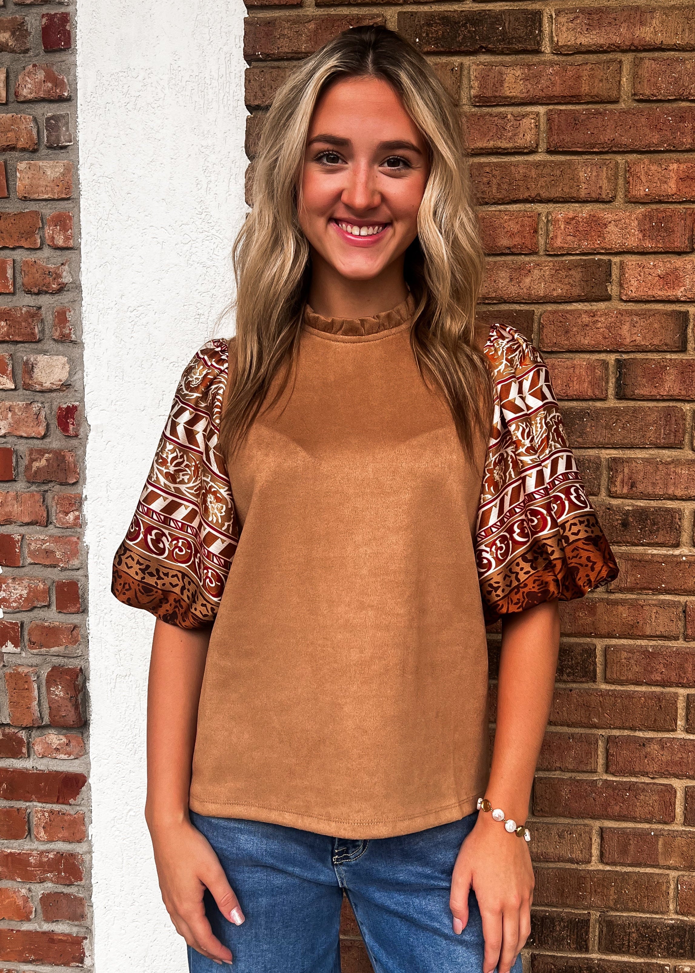 THML: Printed Puff Sleeve Ruffle Neck Top