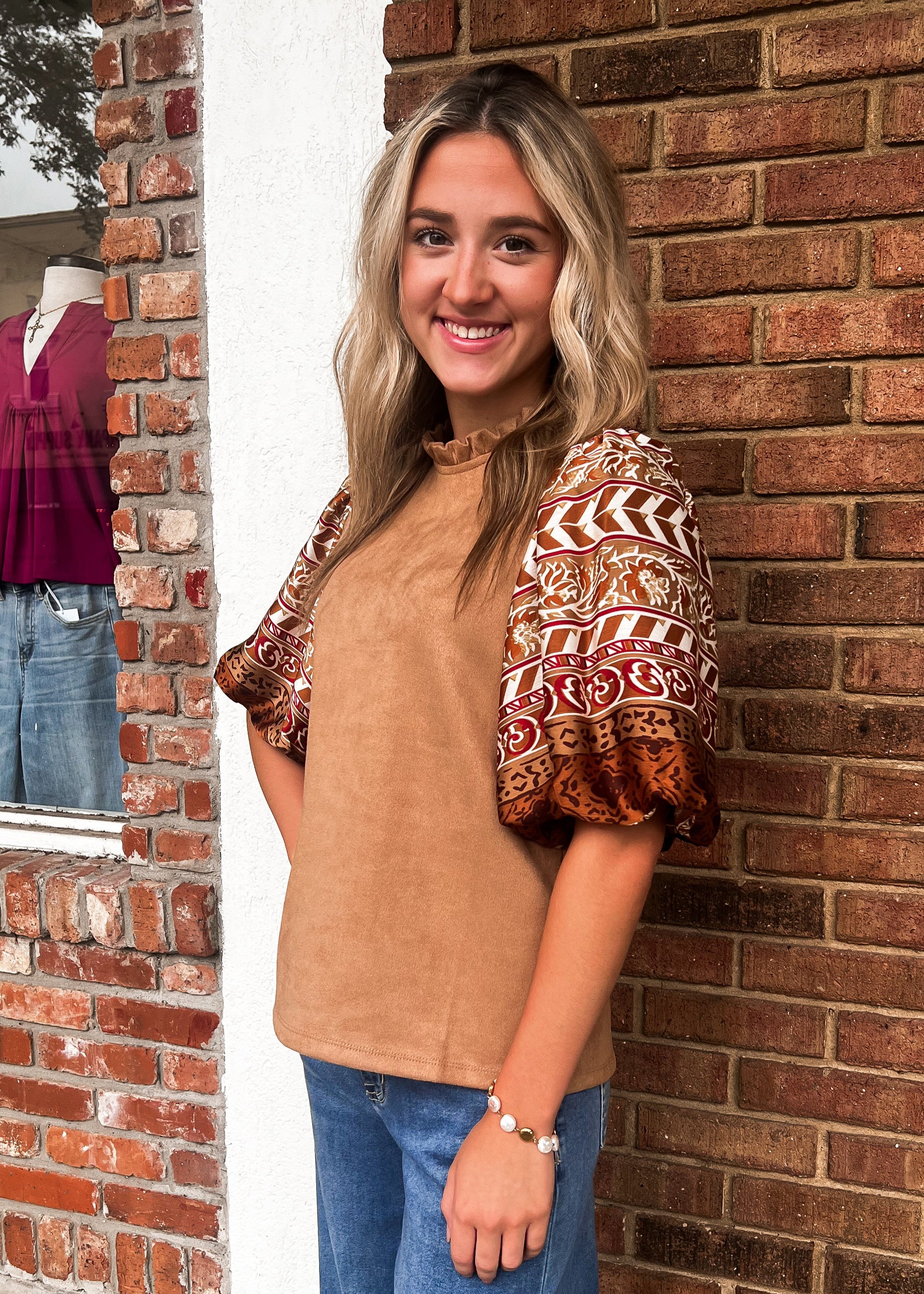 THML: Printed Puff Sleeve Ruffle Neck Top
