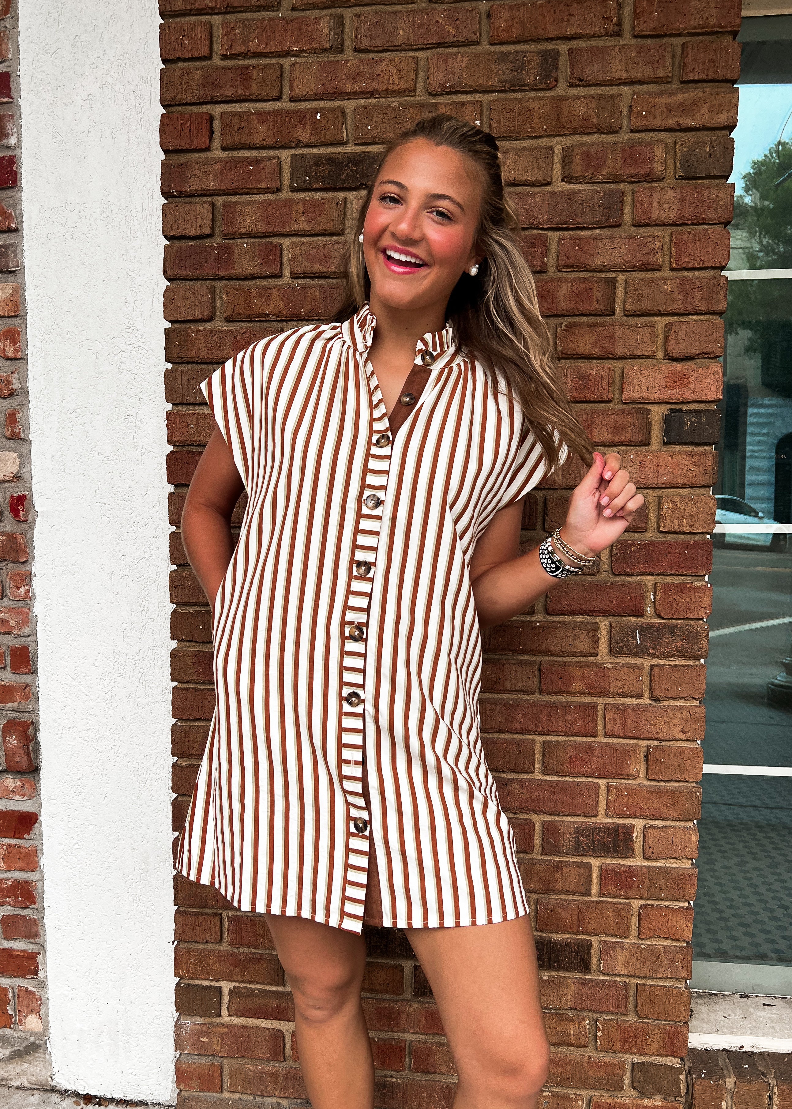 THML: Ruffle Neck Stripe Button Dress