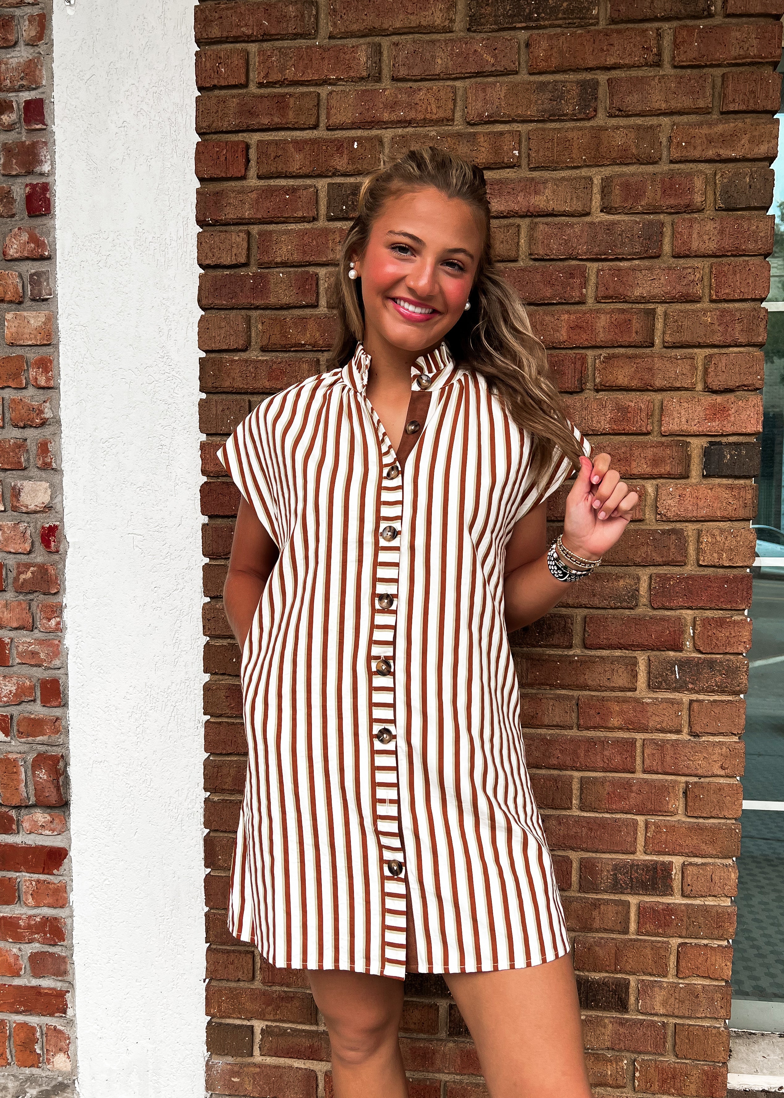 THML: Ruffle Neck Stripe Button Dress