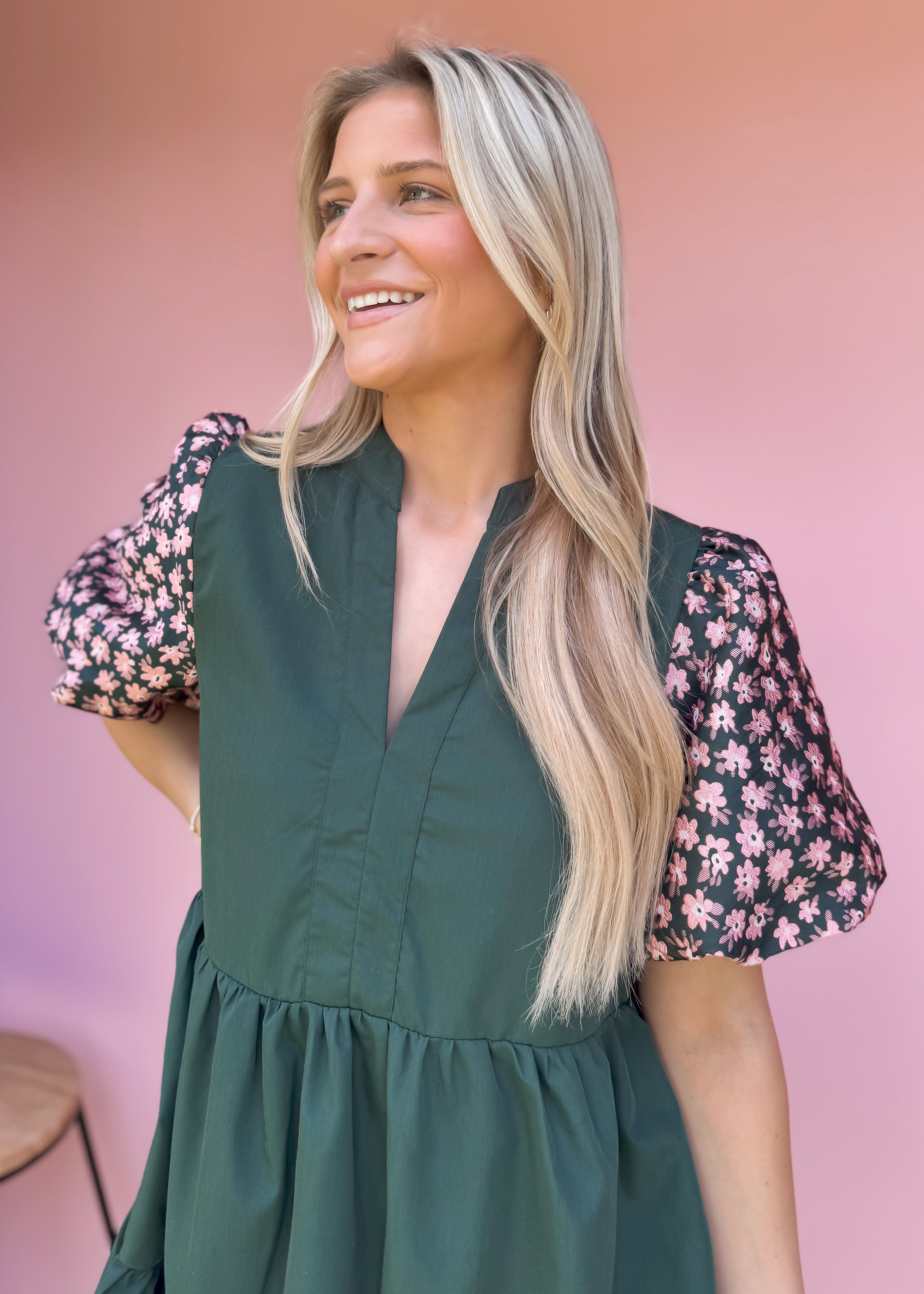 Floral Puff Sleeve Dress, Green