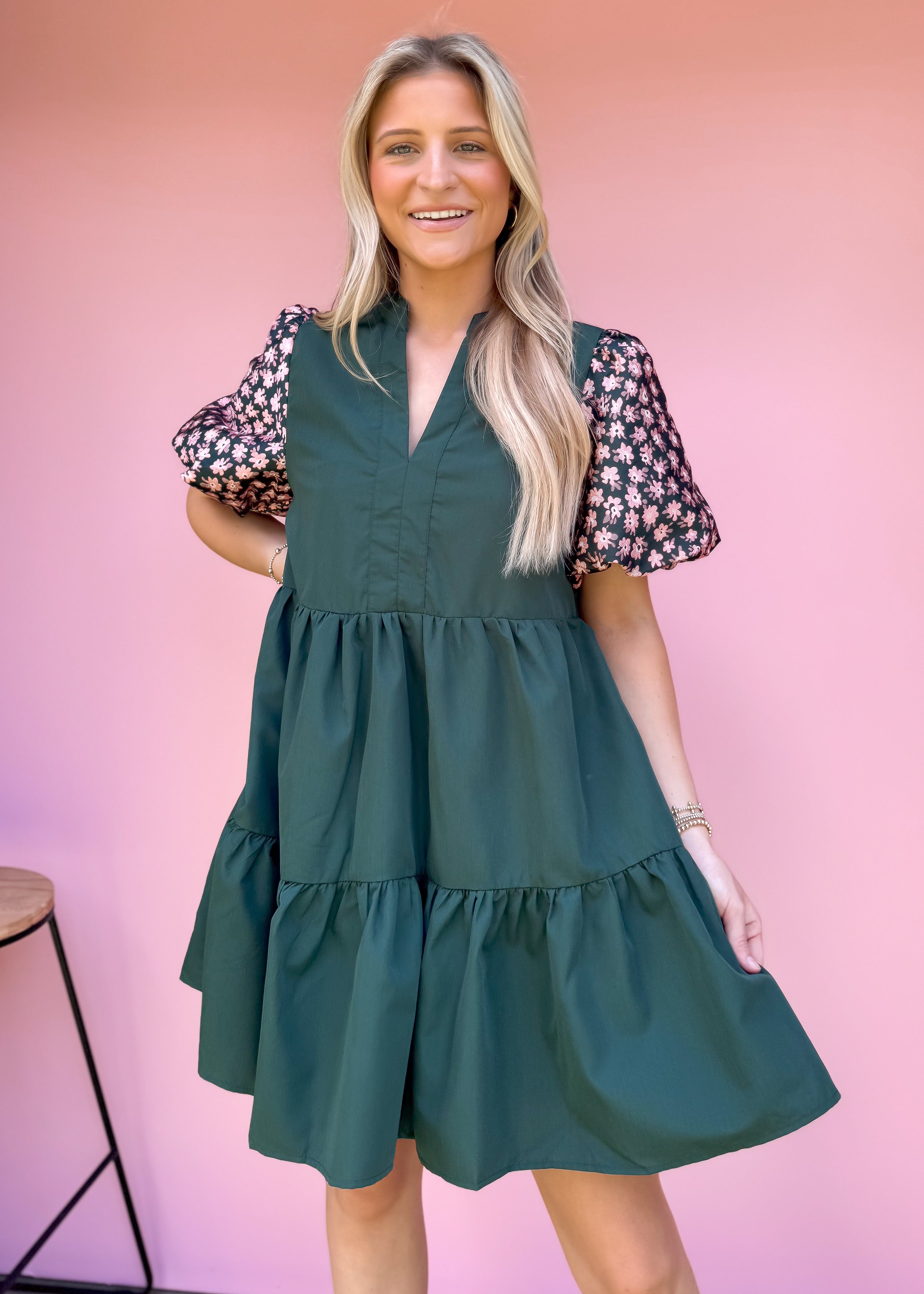 Floral Puff Sleeve Dress, Green