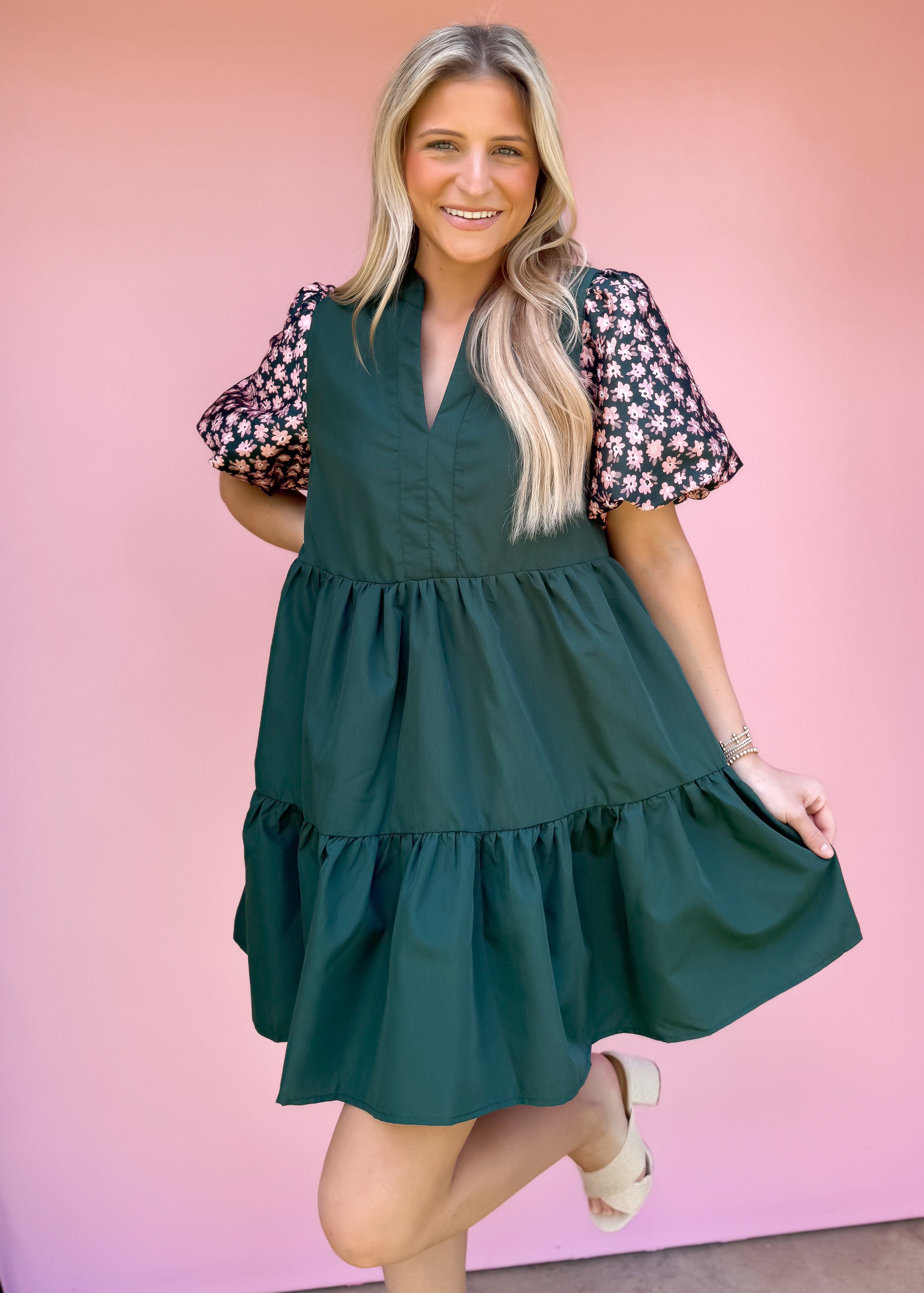 Floral Puff Sleeve Dress, Green