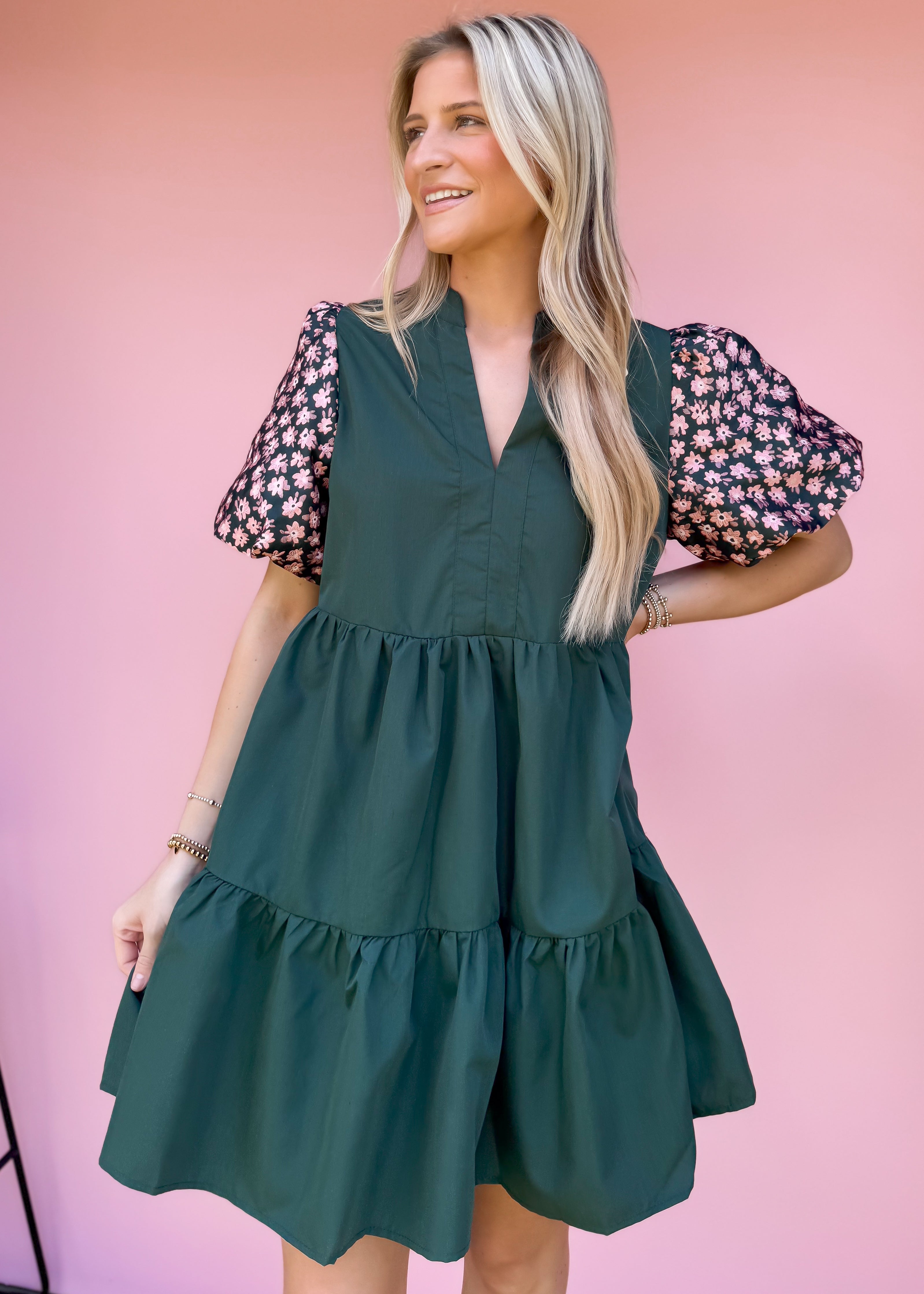 Floral Puff Sleeve Dress, Green