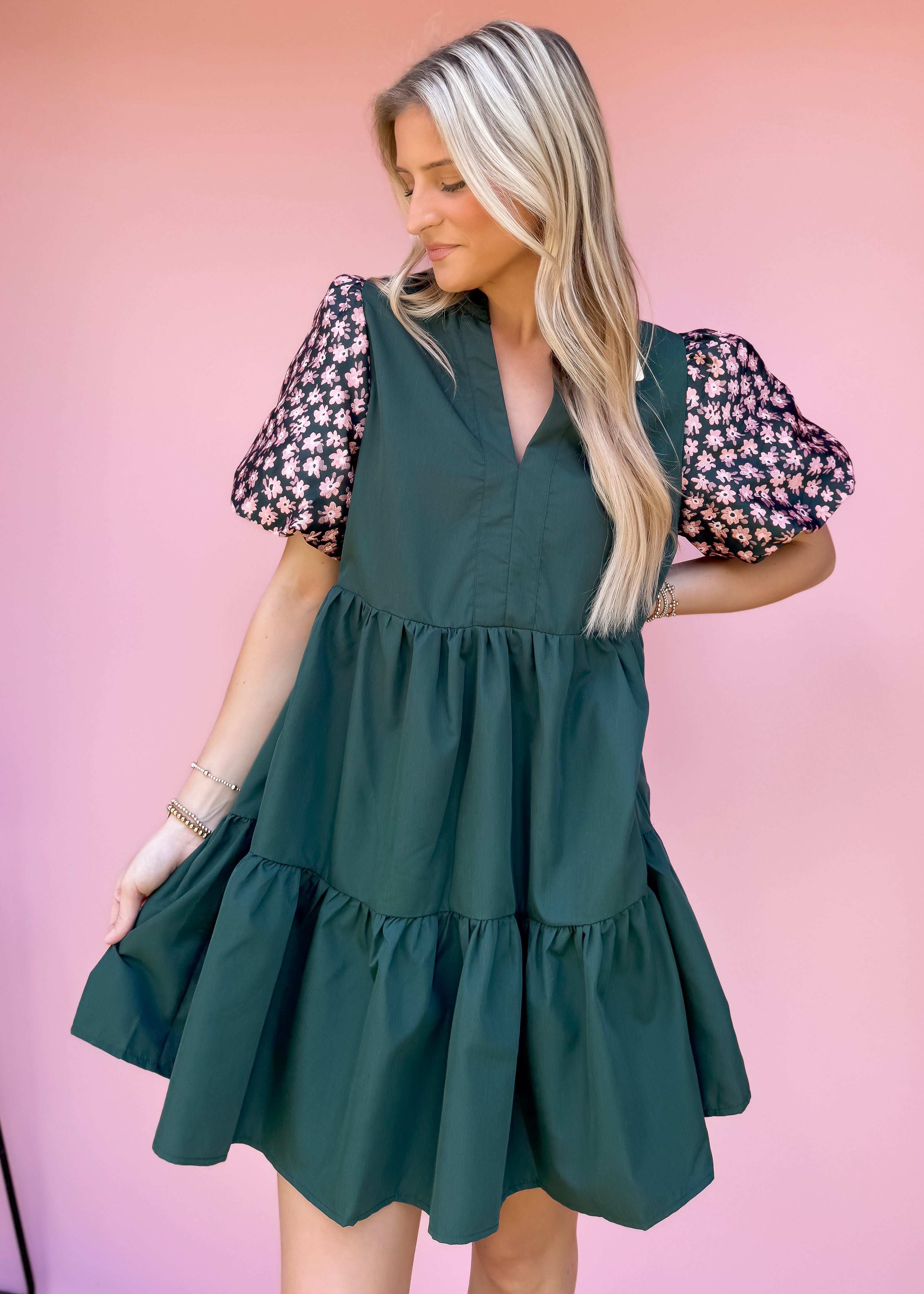 Floral Puff Sleeve Dress, Green