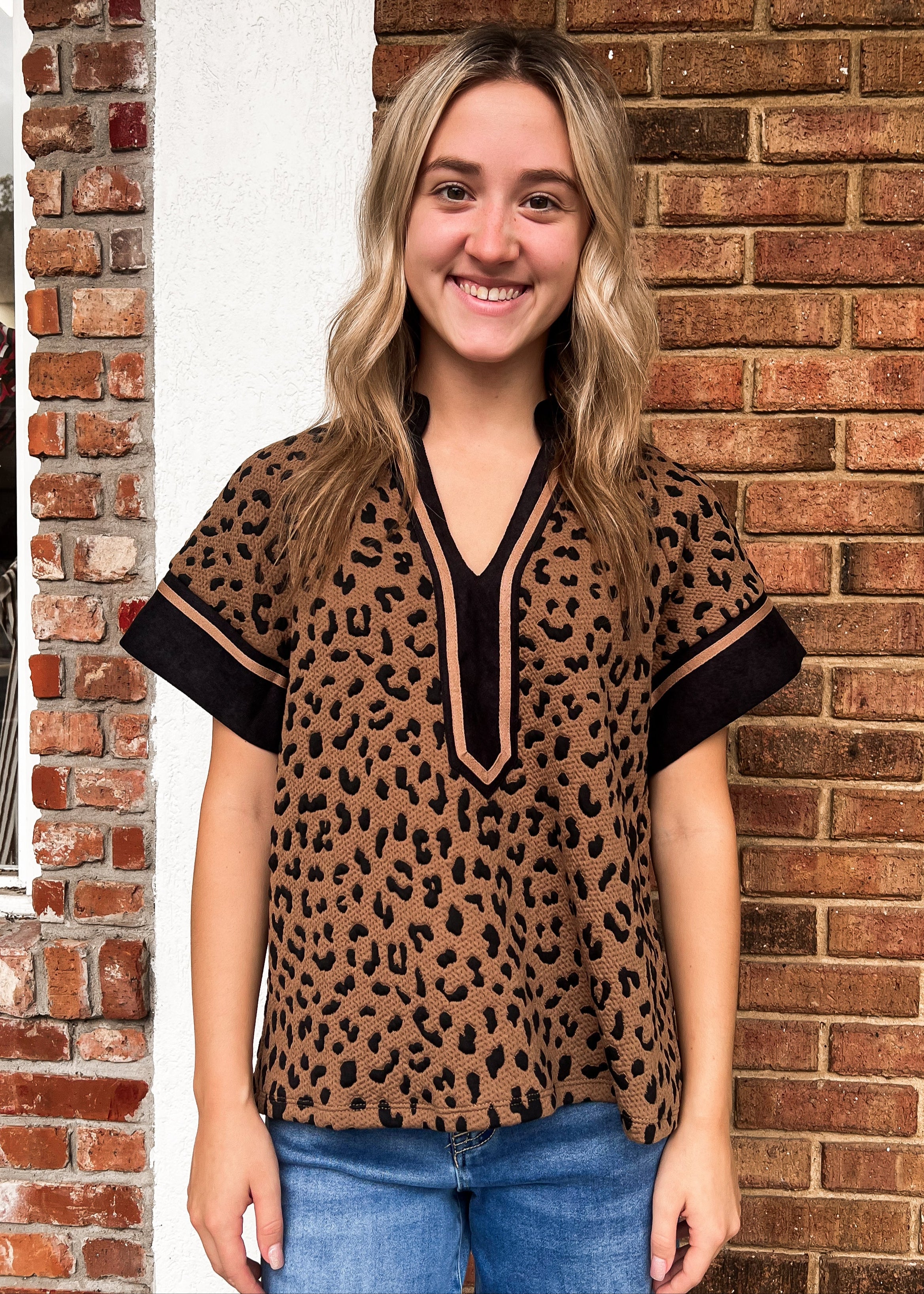 THML: Cheetah Print V Neck Top