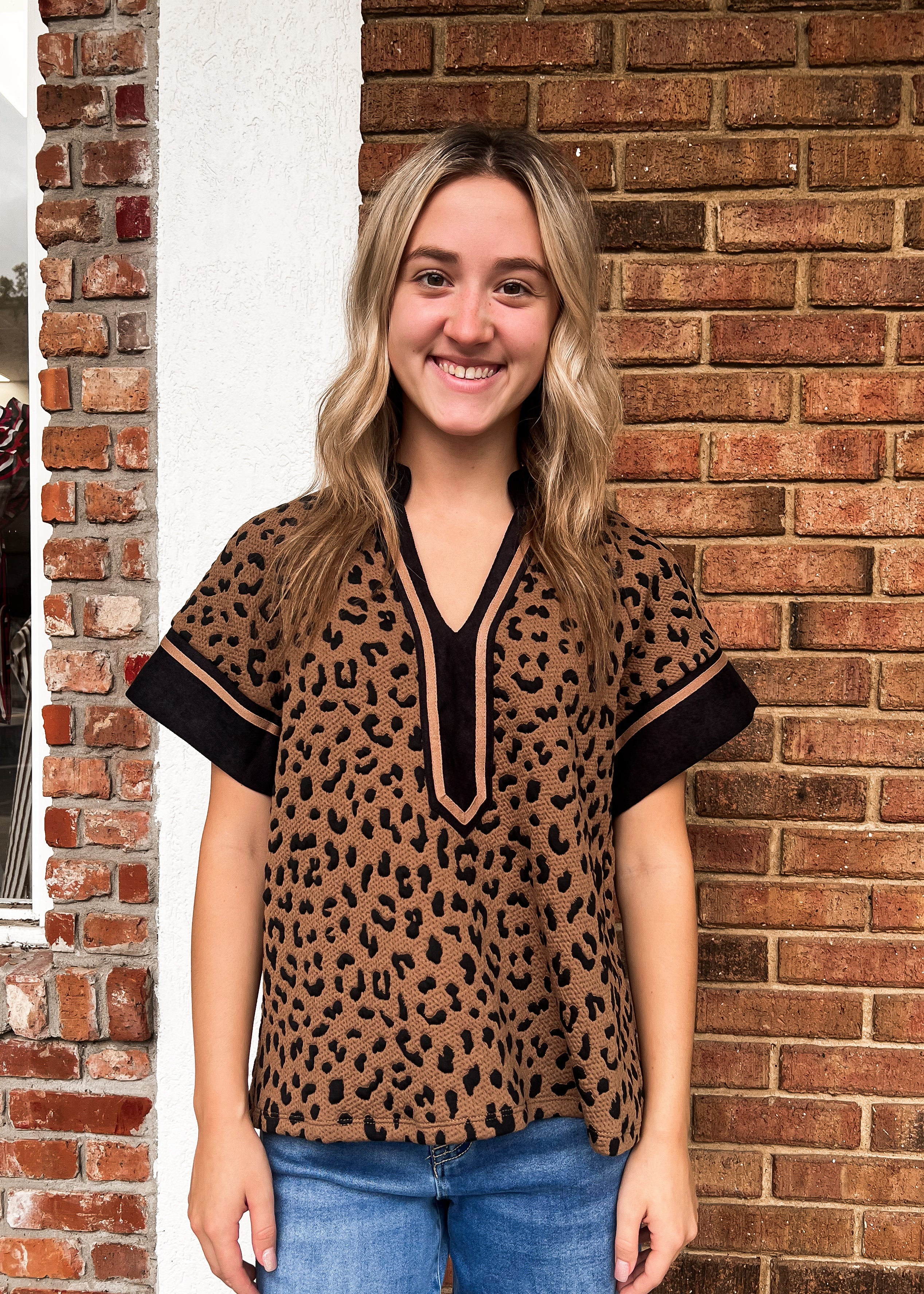 THML: Cheetah Print V Neck Top