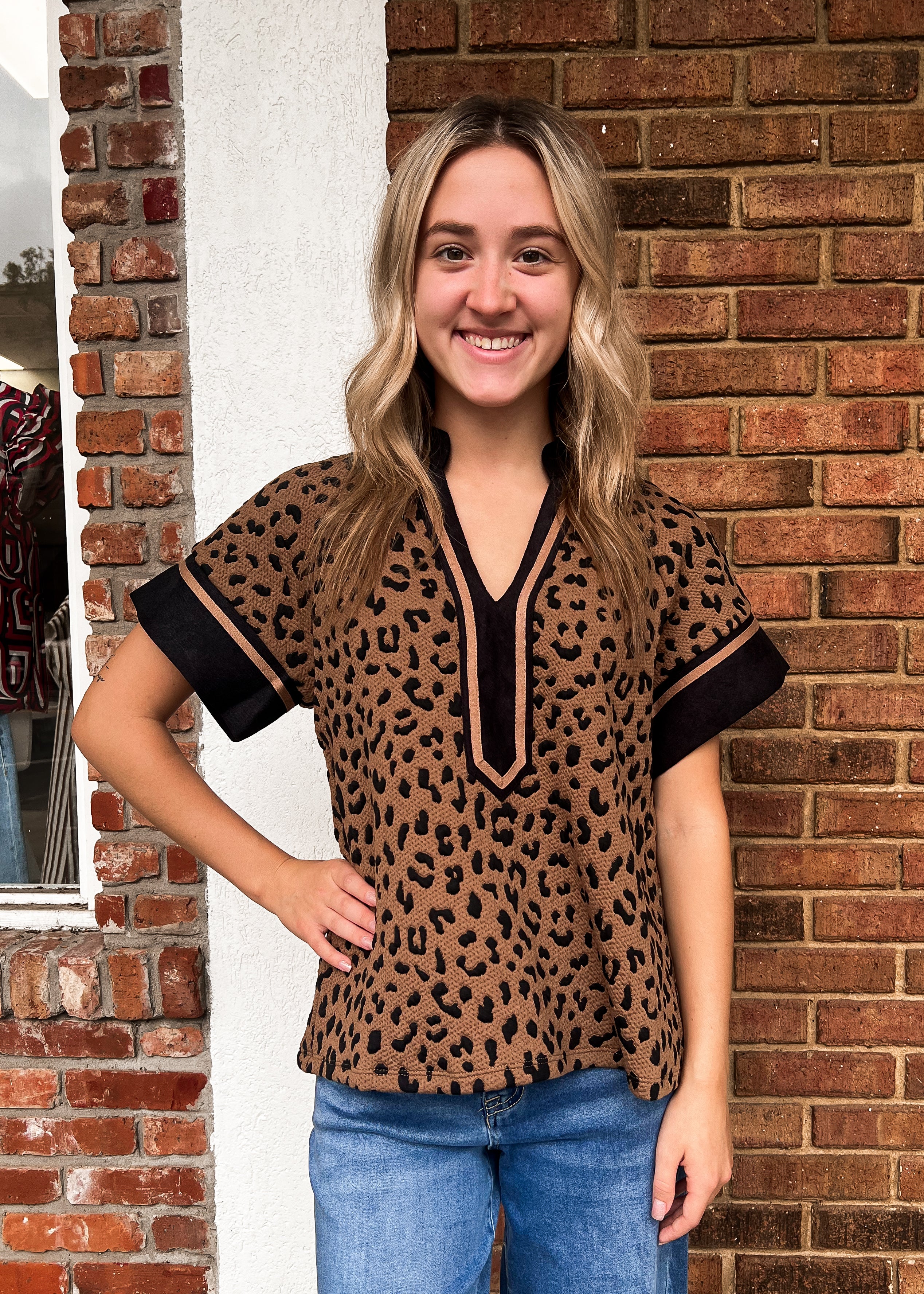 THML: Cheetah Print V Neck Top
