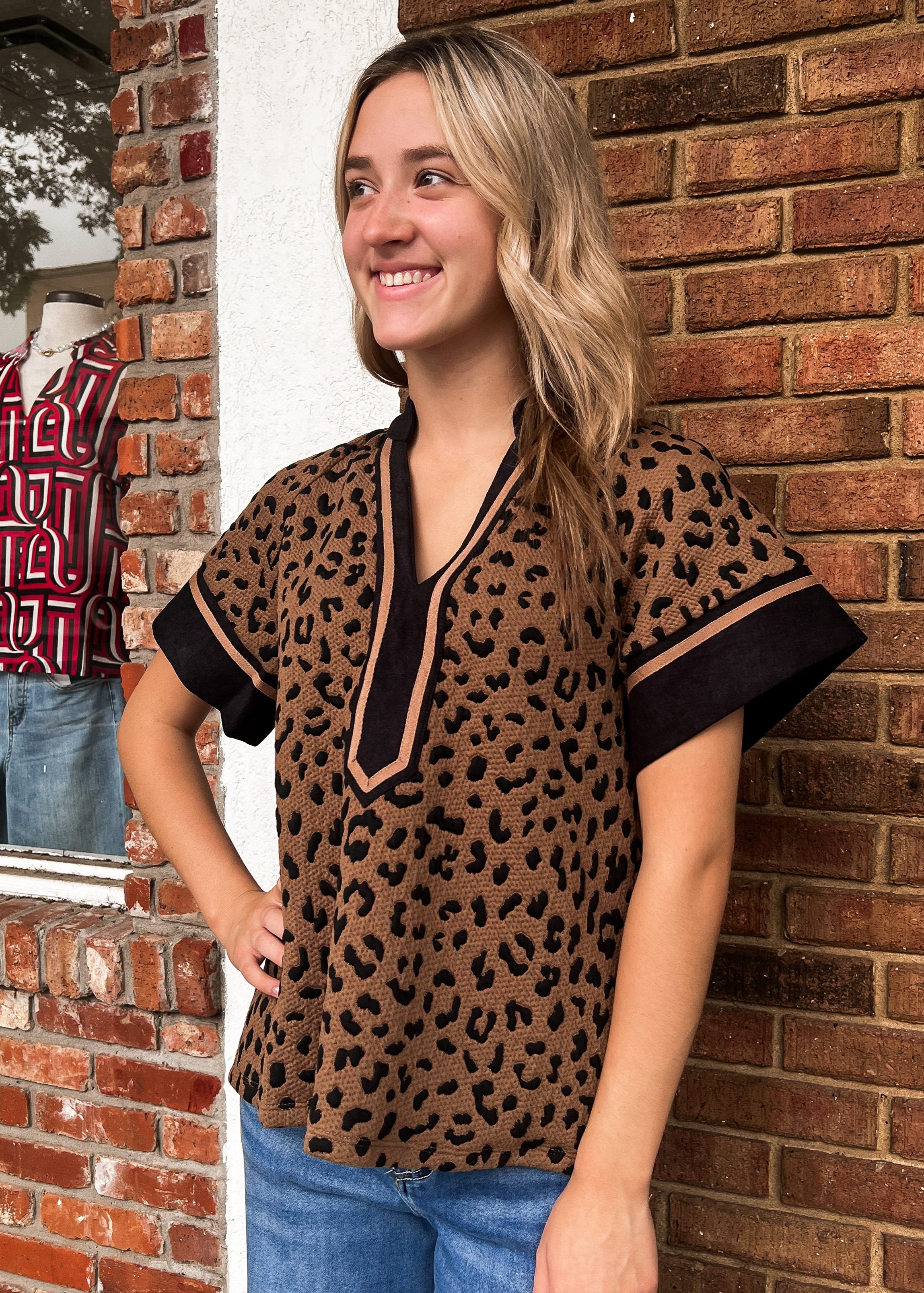 THML: Cheetah Print V Neck Top