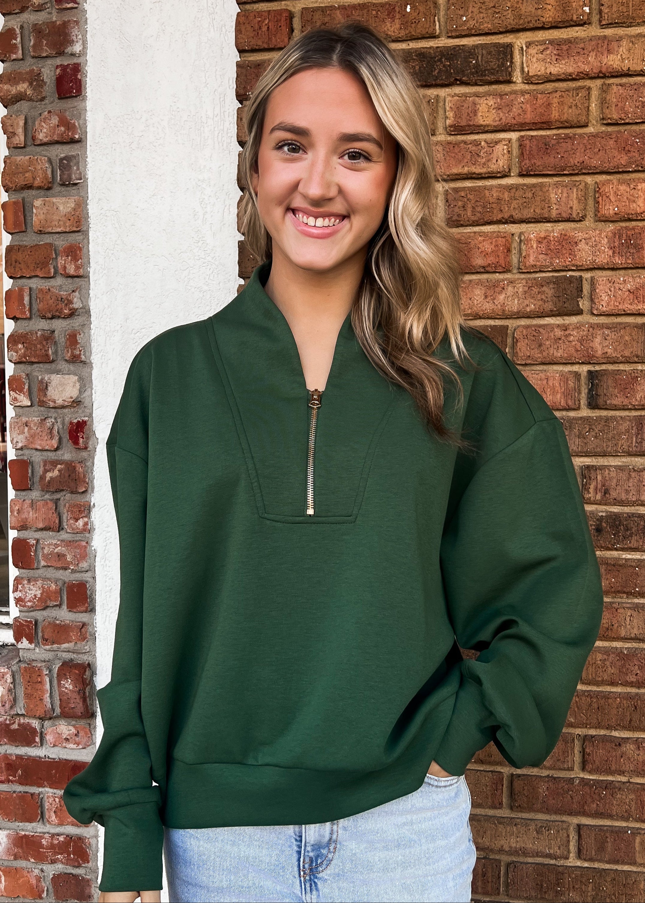 Laura Half Zip Scuba Pullover - Dark Green