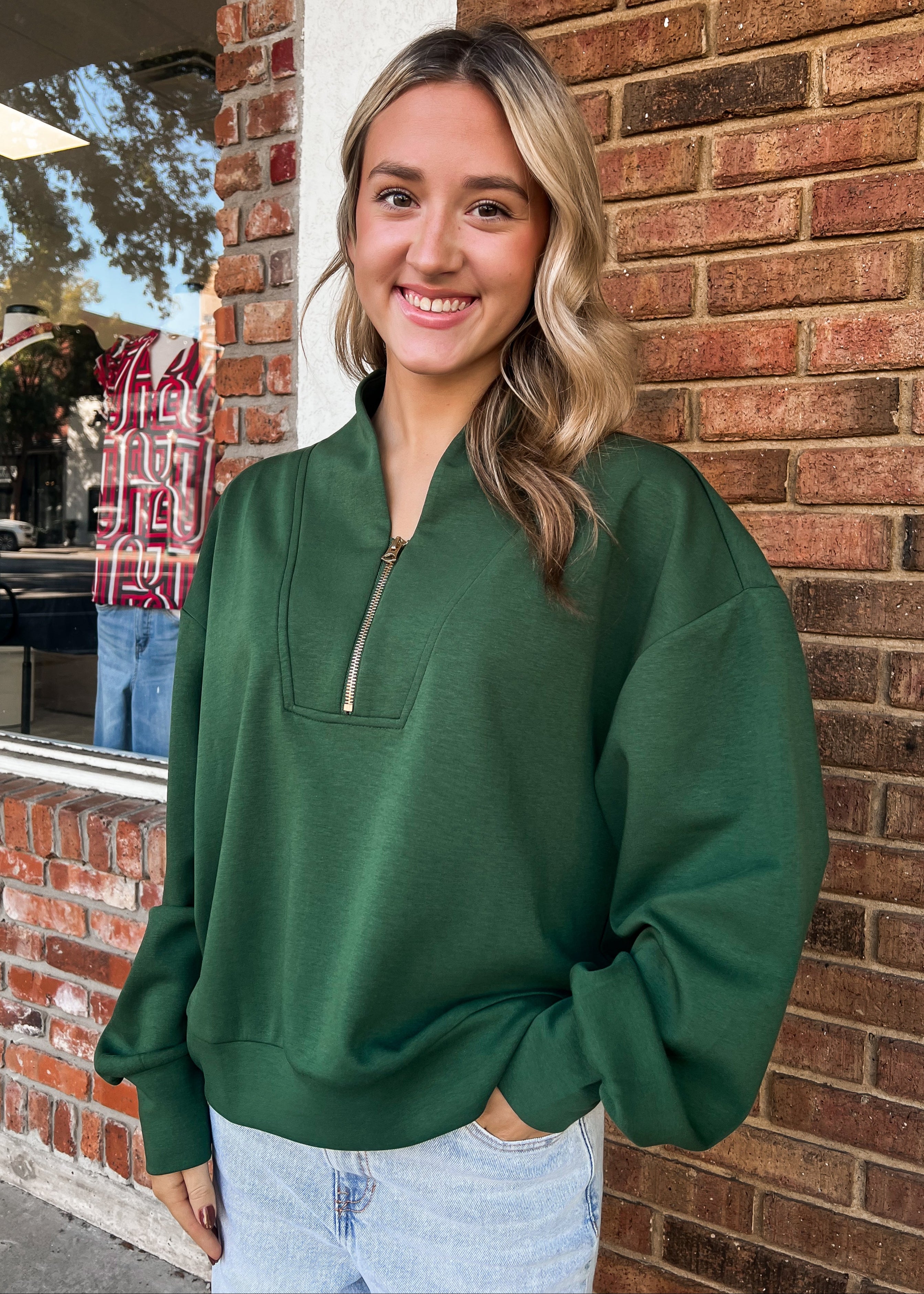 Laura Half Zip Scuba Pullover - Dark Green