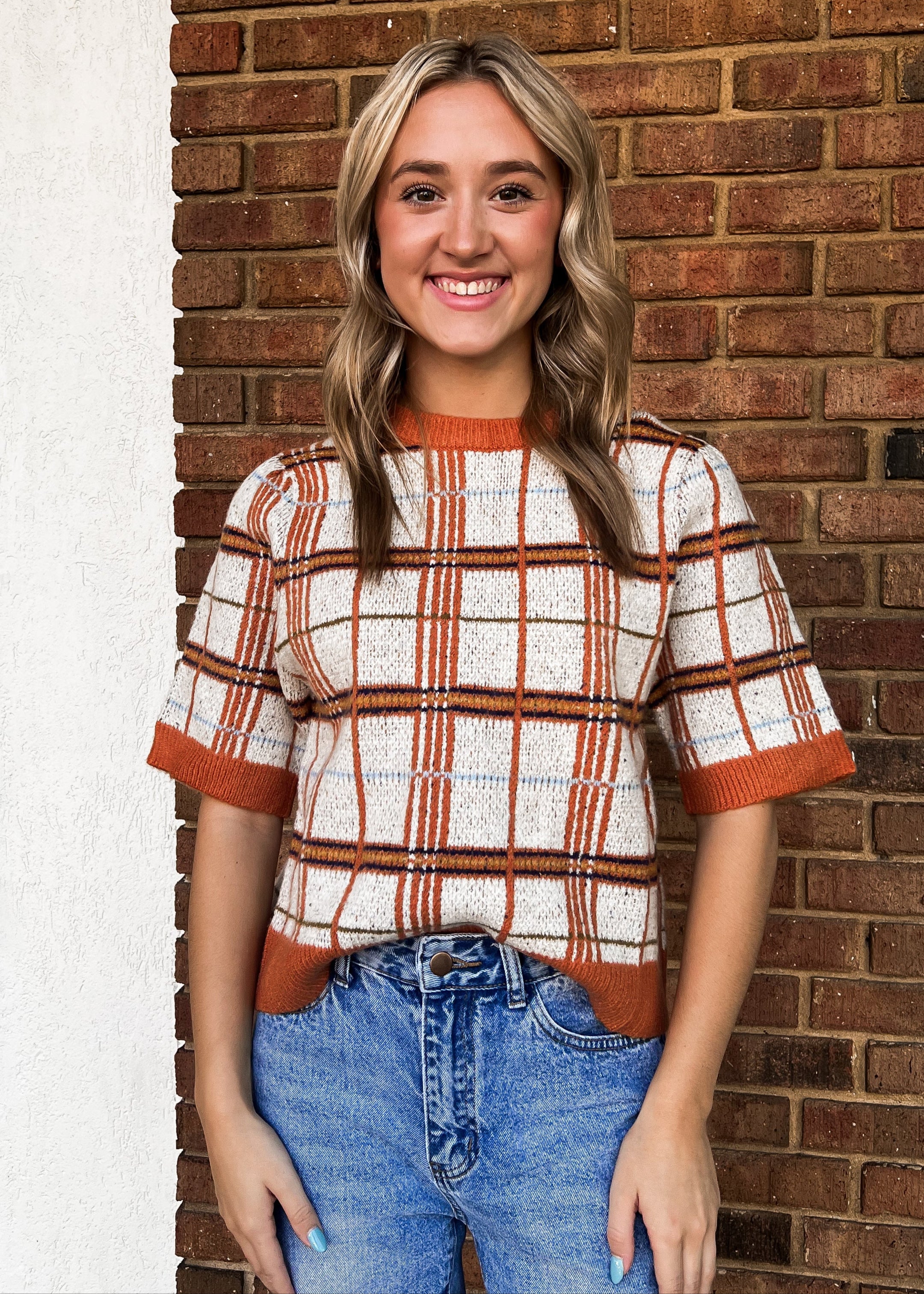 THML: Plaid Half Sleeve Knit Top