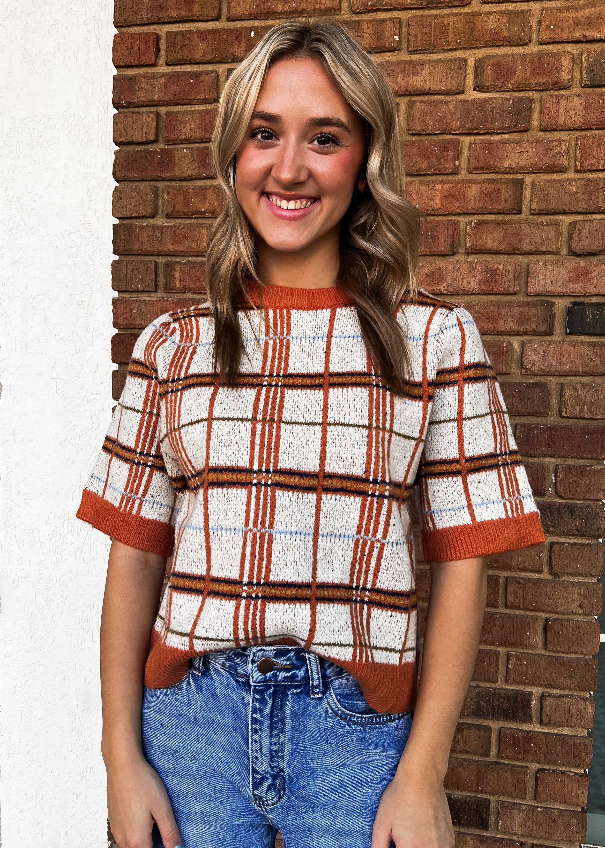 THML: Plaid Half Sleeve Knit Top