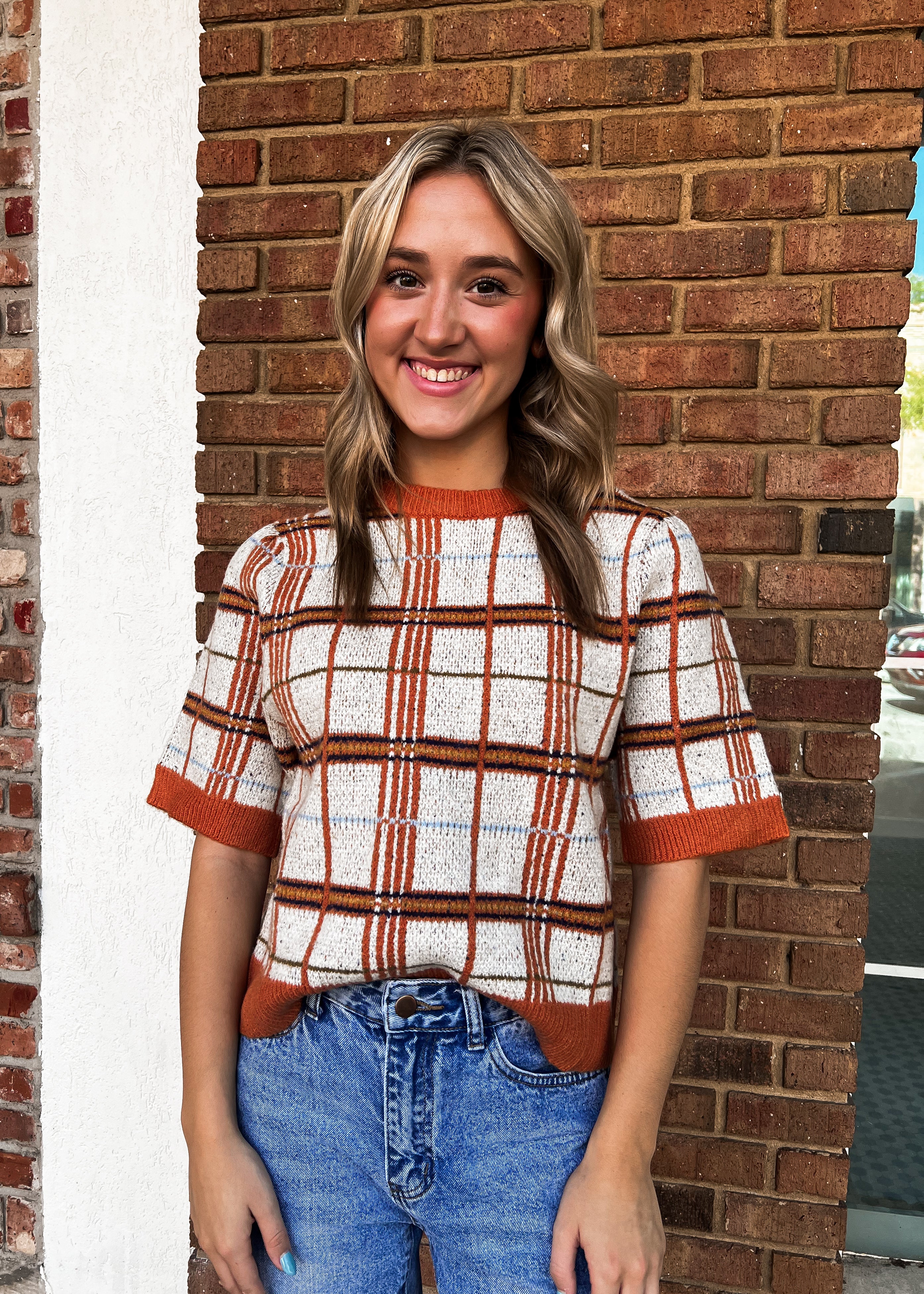 THML: Plaid Half Sleeve Knit Top
