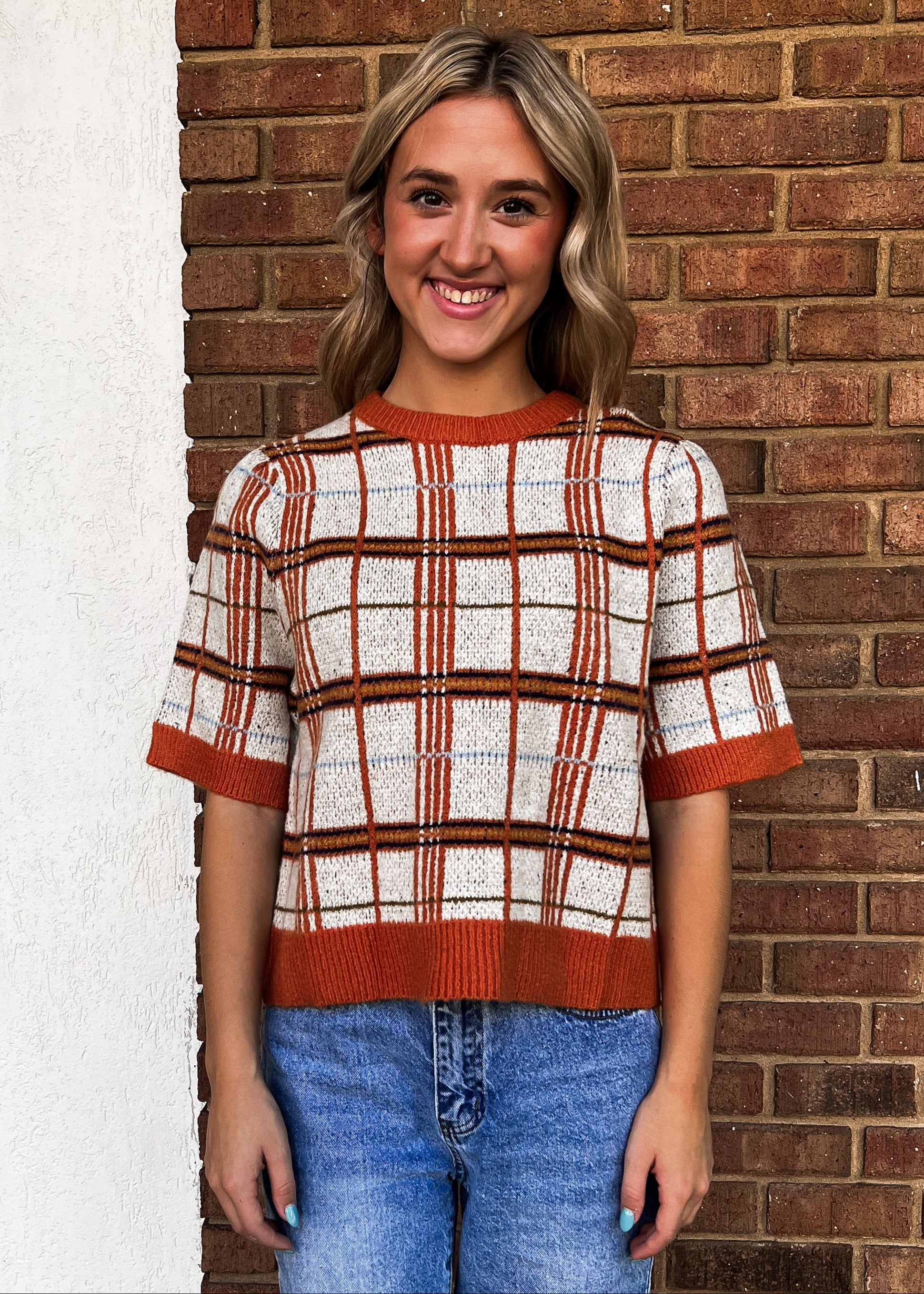 THML: Plaid Half Sleeve Knit Top