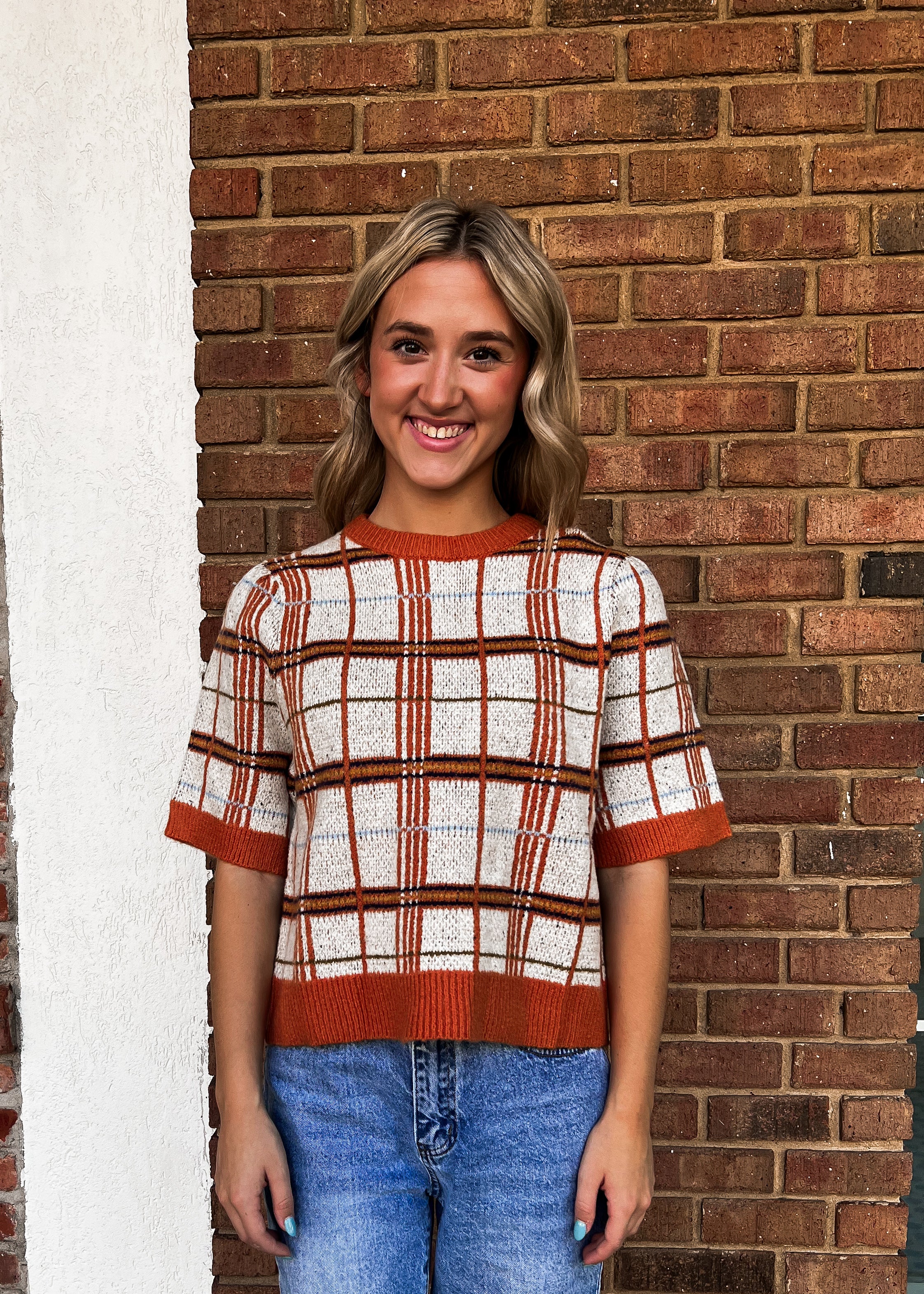 THML: Plaid Half Sleeve Knit Top