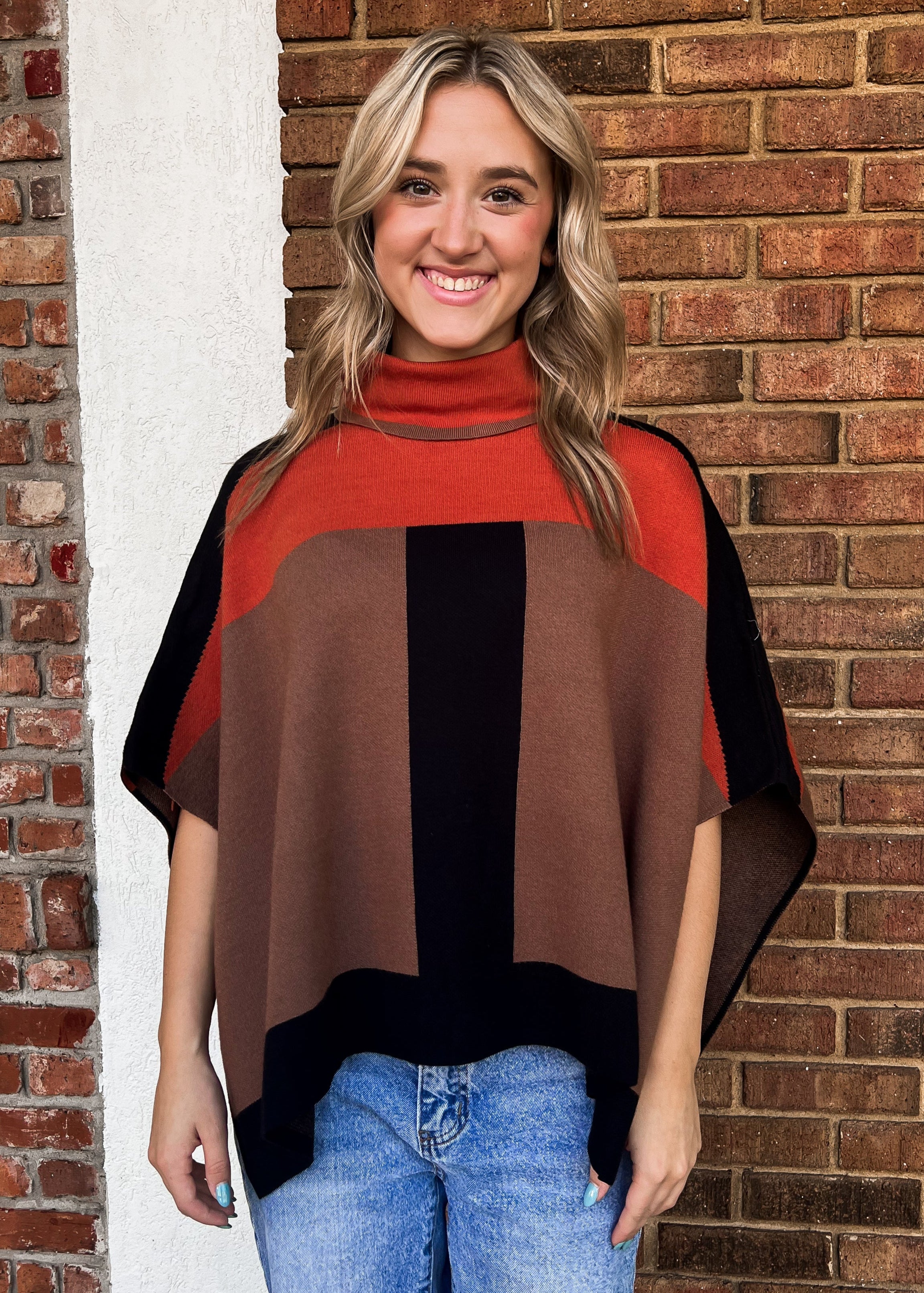 THML: Colorblock Turtleneck Knit Poncho